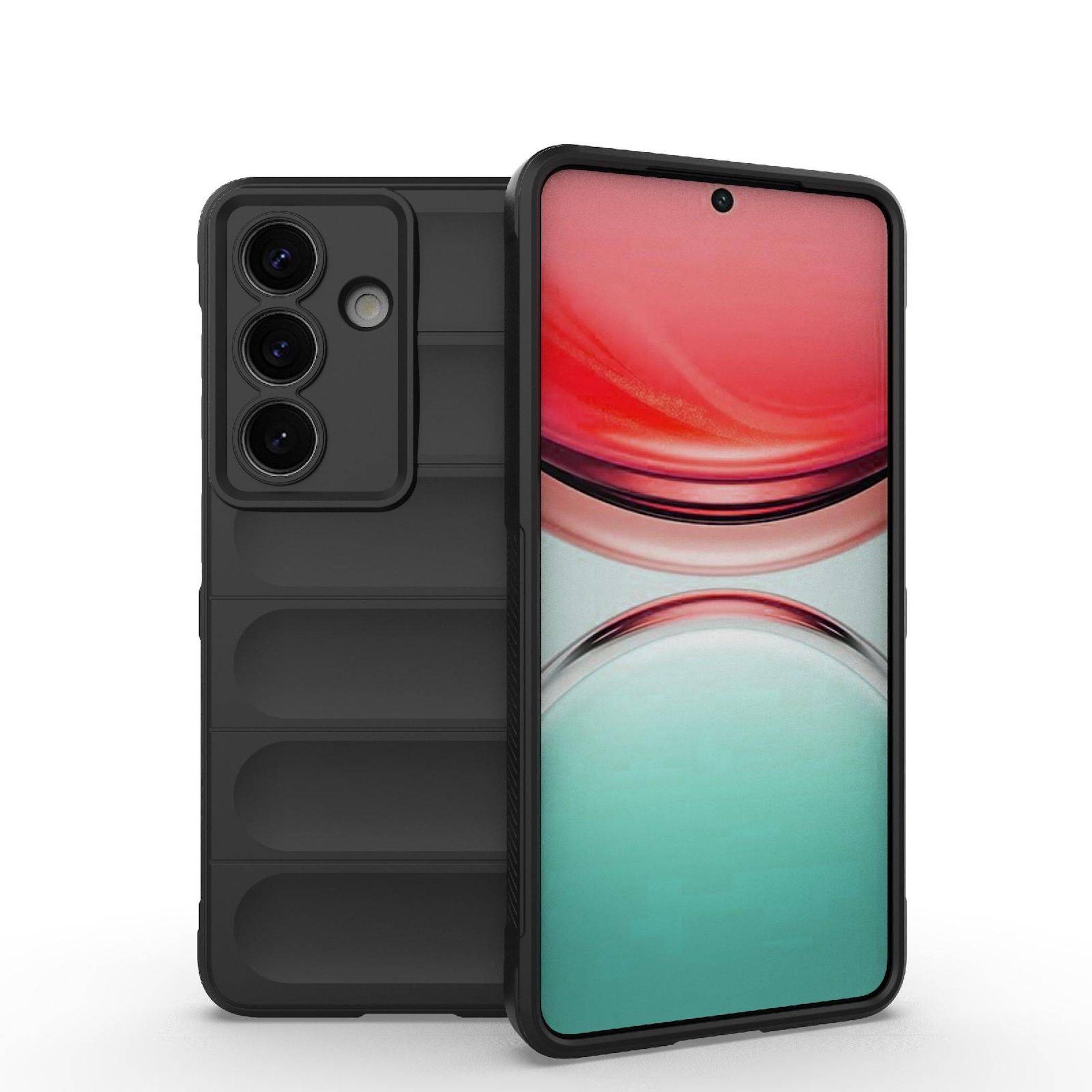 Schwarzes Smartphone in einer Schutzhülle von vorne und hinten dargestellt, mit dreifacher Rückkamera und einem Punch-Hole-Display auf weißem Hintergrund.