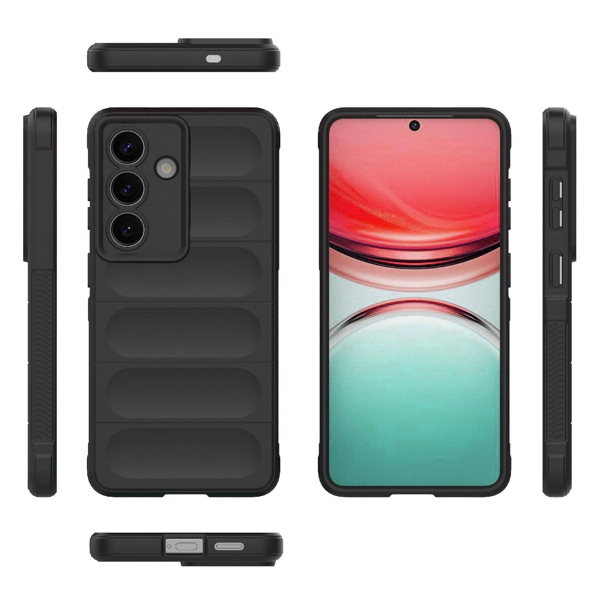 Schwarze robuste Smartphone-Schutzhülle aus mehreren Winkeln gezeigt mit Vorderansicht des Telefons, die das dreifache Kameraausschnitt auf der Rückseite und verstärkte Seitentasten hervorhebt.