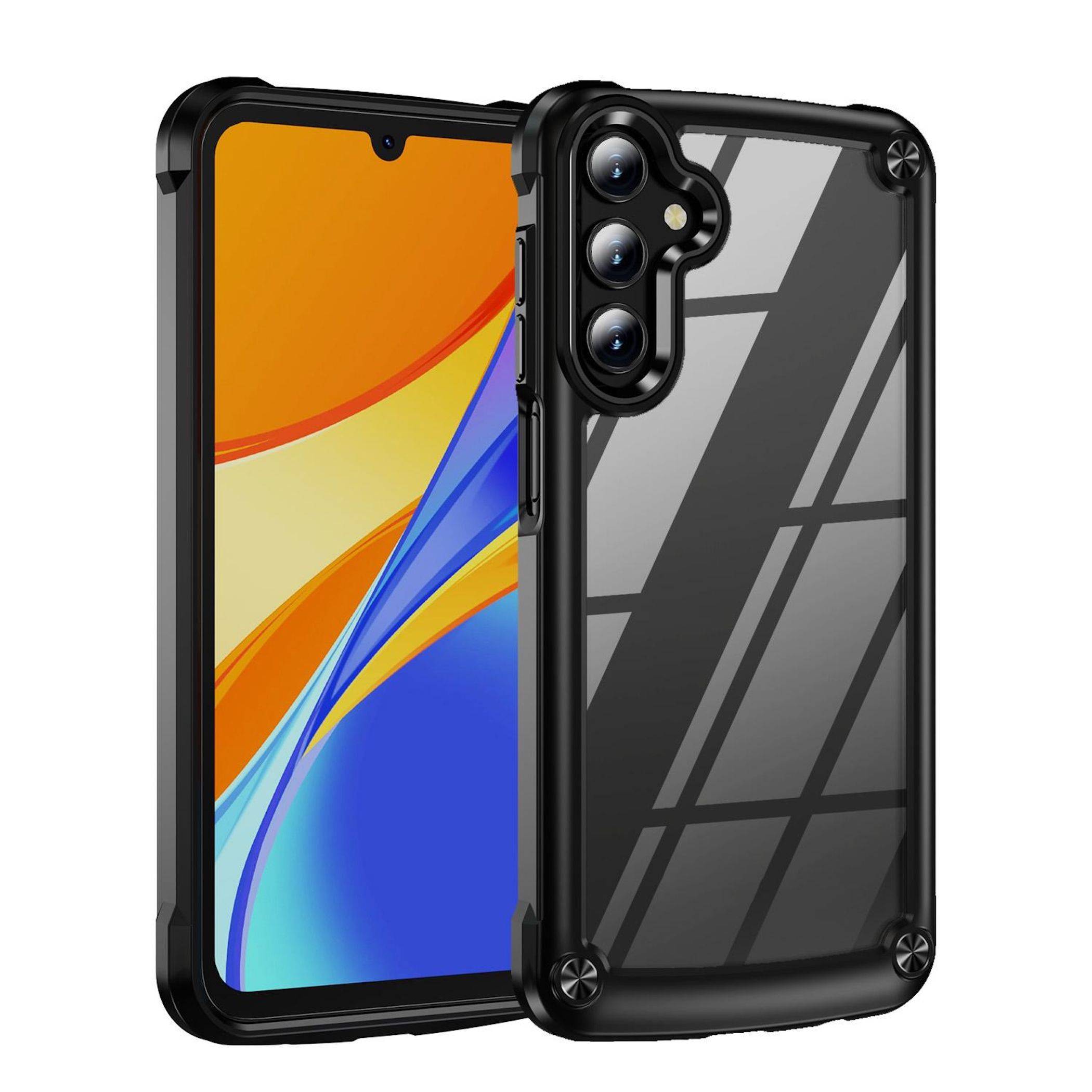 Zwei Ansichten eines Smartphones in einer schwarzen Schutzhülle, die den vorderen Bildschirm und die Rückseite mit dreifacher Kameraaussparung zeigen.