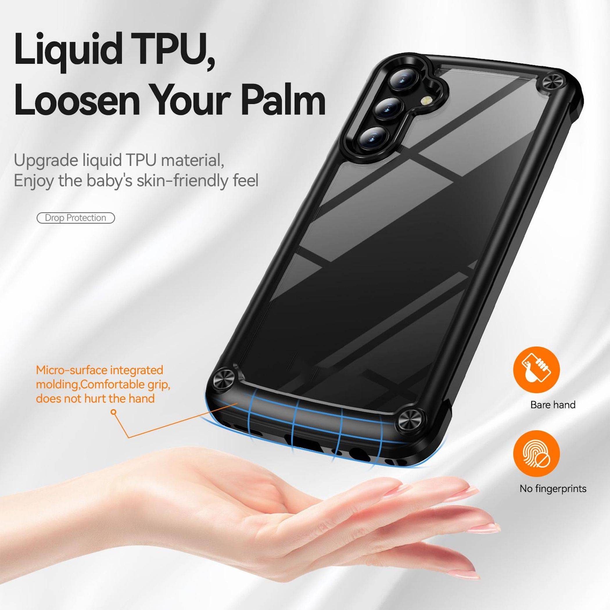 Anzeige für eine schwarze Smartphone-Hülle aus flüssigem TPU, oben gezeigt über einer Hand, die Fallschutz, komfortablen Griff und Fingerabdruckbeständigkeit hervorhebt.