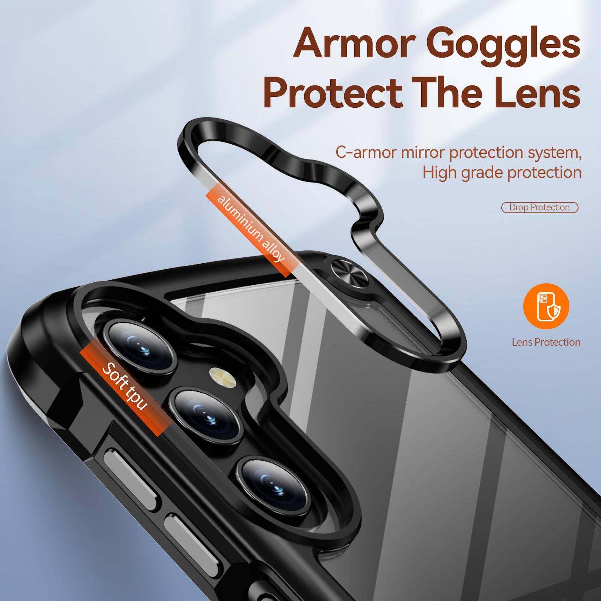 Werbegrafik einer Handyhülle mit erhöhtem Metallarmor-Objektivschutz; der Text lautet „Armor Goggles Protect The Lens