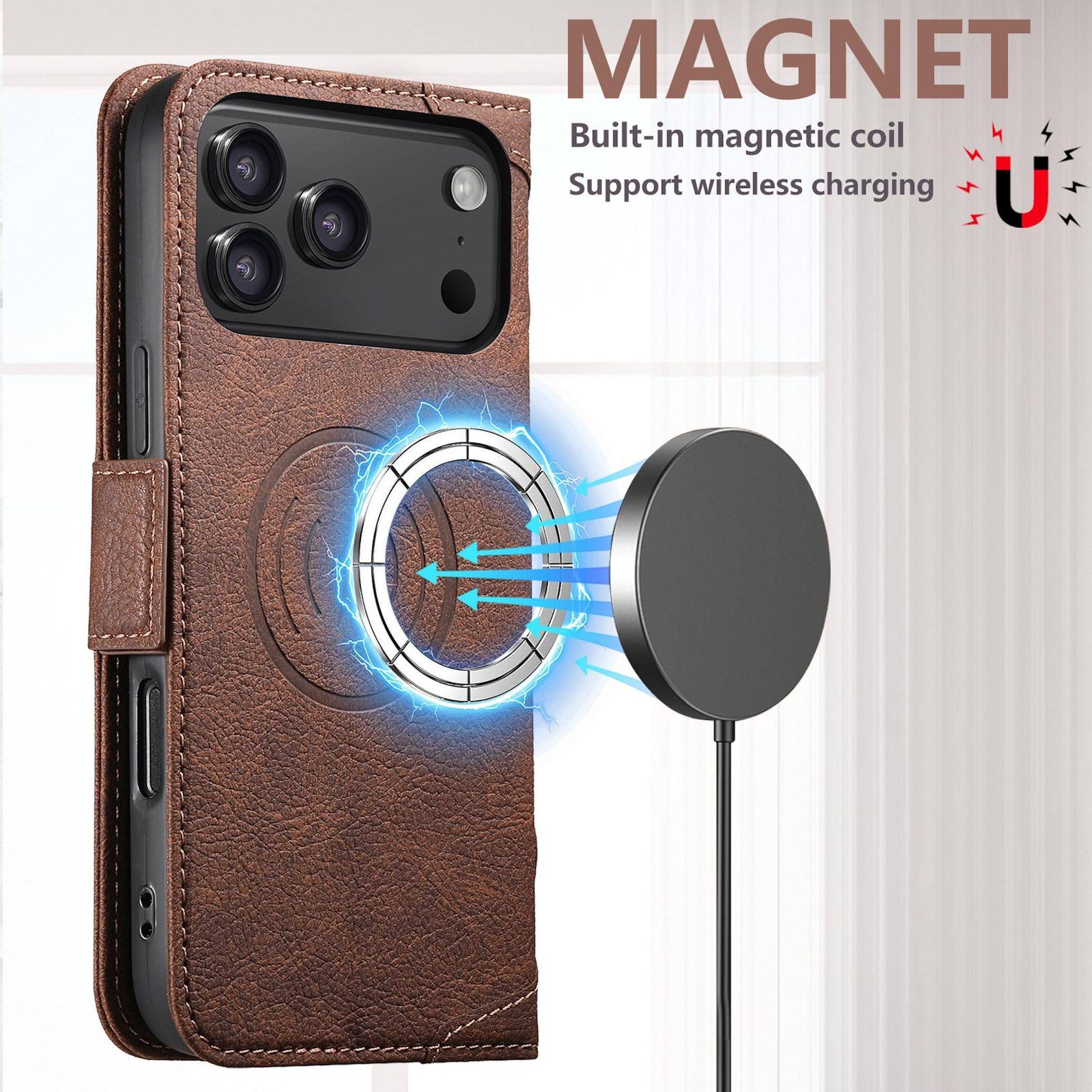 Braunes Lederetui für Telefon mit eingebautem Magnetspulen-System für kabelloses Laden, dargestellt beim Ausrichten mit einem runden Ladegerät unter dem Text „MAGNET
