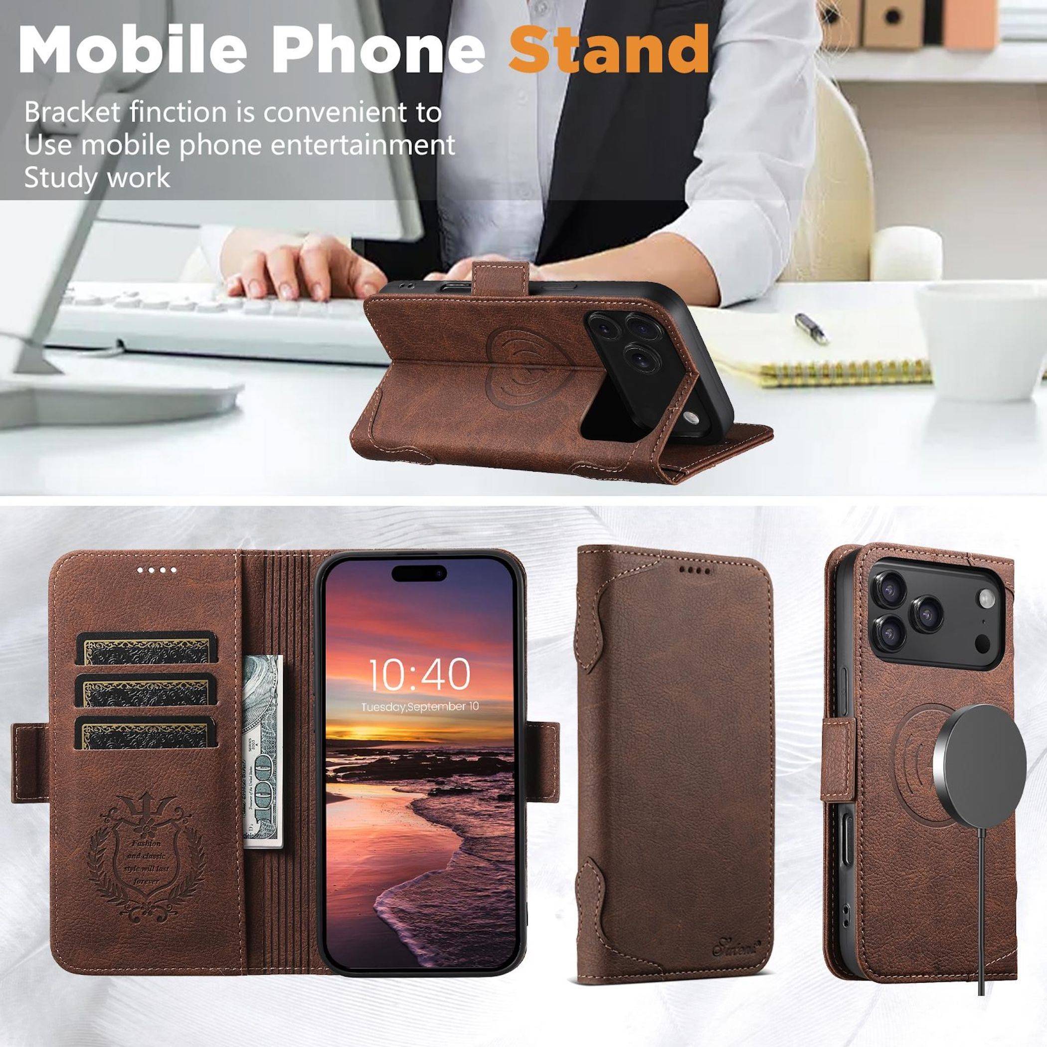 Braunes Leder-Handyständer-Etui, geöffnet und gefaltet dargestellt, mit Kartenfächern und Magnetverschluss, als Schreibtisch-Zubehör für freihändige Handynutzung präsentiert.