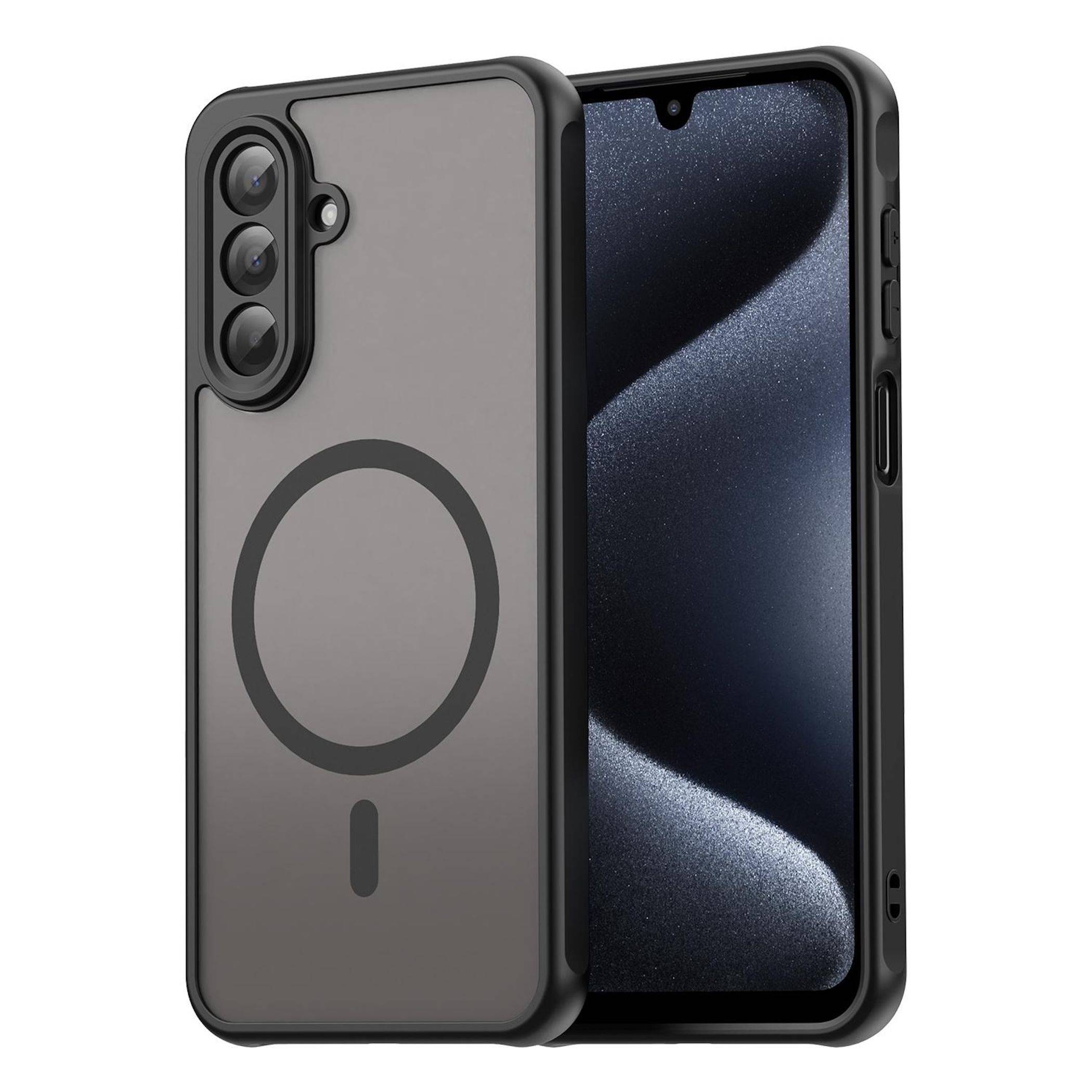 Graue Smartphone-Hülle mit integriertem kreisförmigem MagSafe-Stil-Ring auf der Rückseite, neben einem Telefon mit schwarzem Bildschirm.
