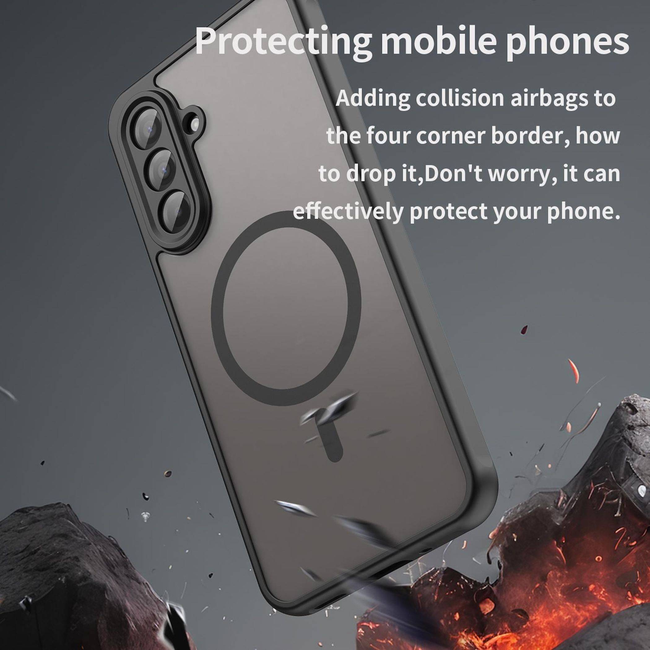 Werbebild einer Handyhülle mit erhöhten Eckenstoßfängern und MagSafe-Ring, das ein Telefon vor einem Sturz über Felsen und Funken schützt; der Text besagt „Schutz von Mobiltelefonen