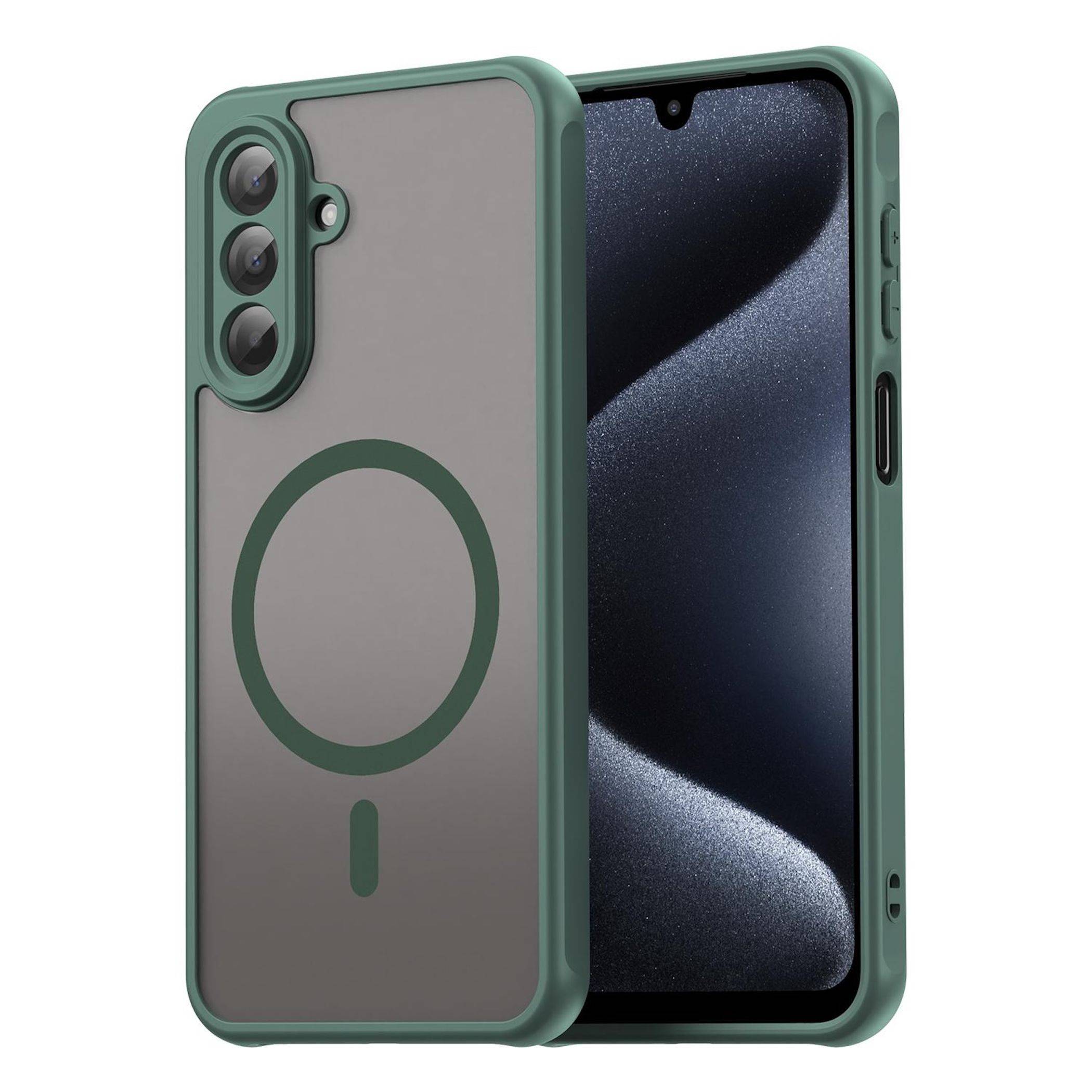 Grüne Smartphone-Schutzhülle mit eingebautem kreisförmigen MagSafe-Ring, dargestellt in Vorder- und Rückansicht auf einem Telefon.