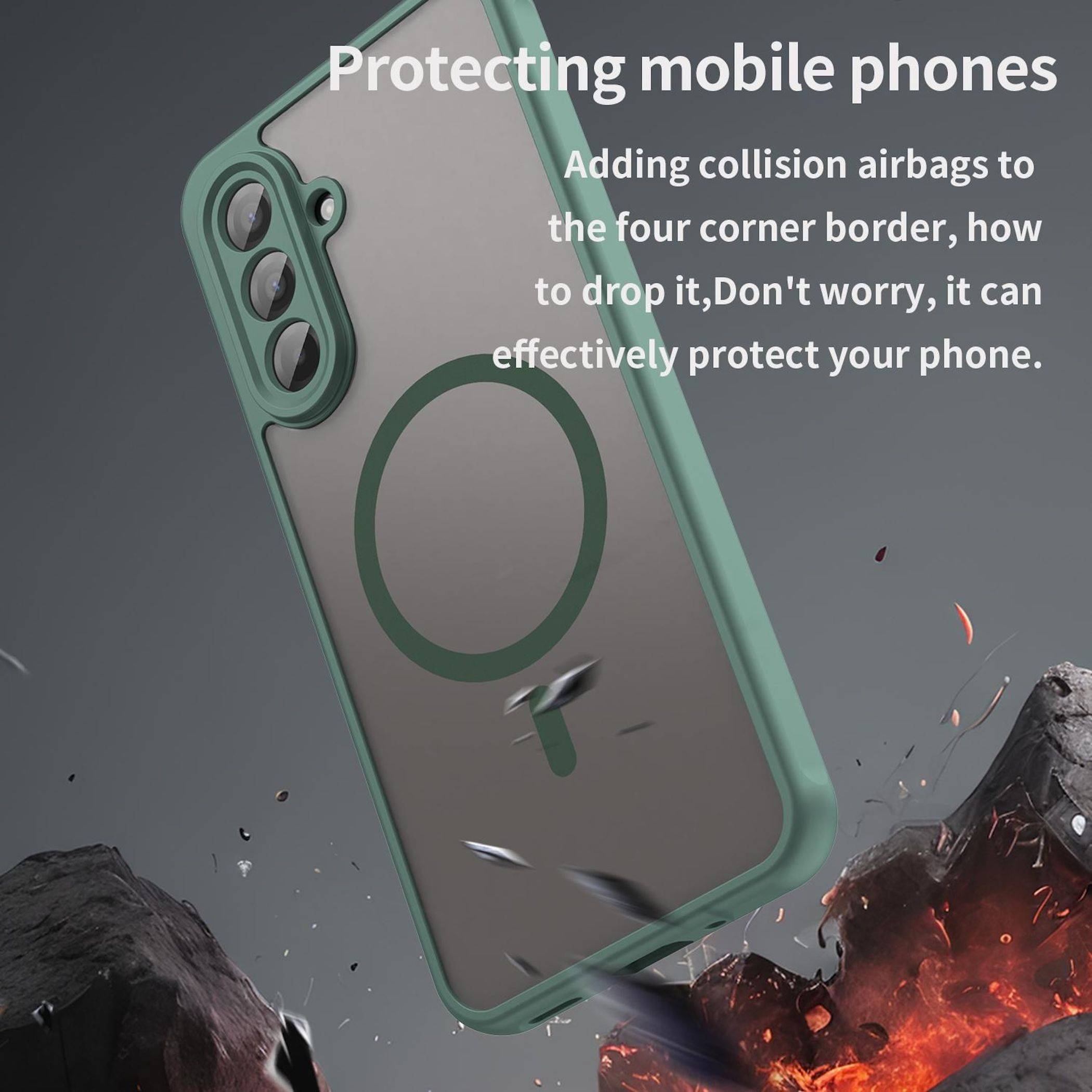 Werbegrafik einer Handyhülle mit Eckenstoßfängern und Objektivschutz, die ein Telefon bei Aufprall schützt; der Text lautet „Schutz für Mobiltelefone