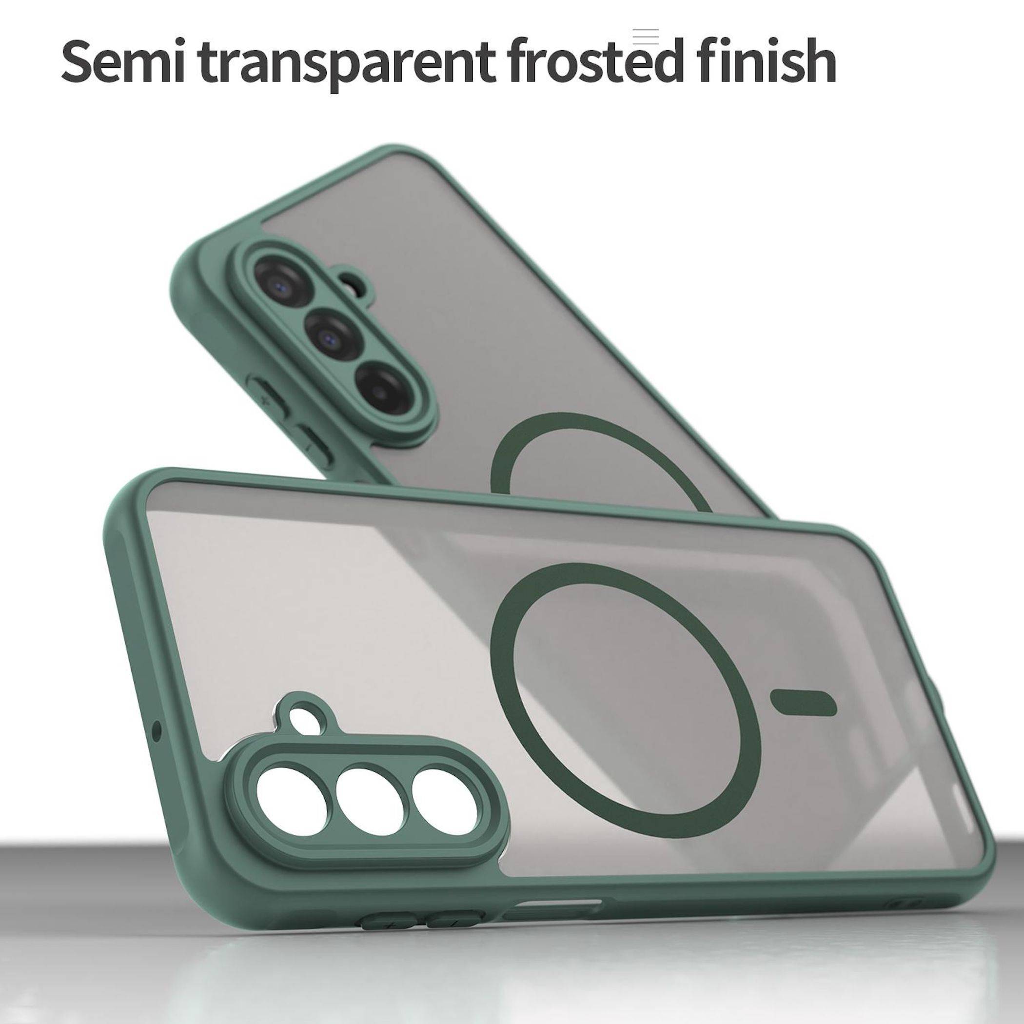 Zwei grüne Smartphone-Hüllen mit einem halbtransparenten, mattierten Finish, erhöhten Kameraausschnitten und einem kreisförmigen Ring im MagSafe-Stil.
