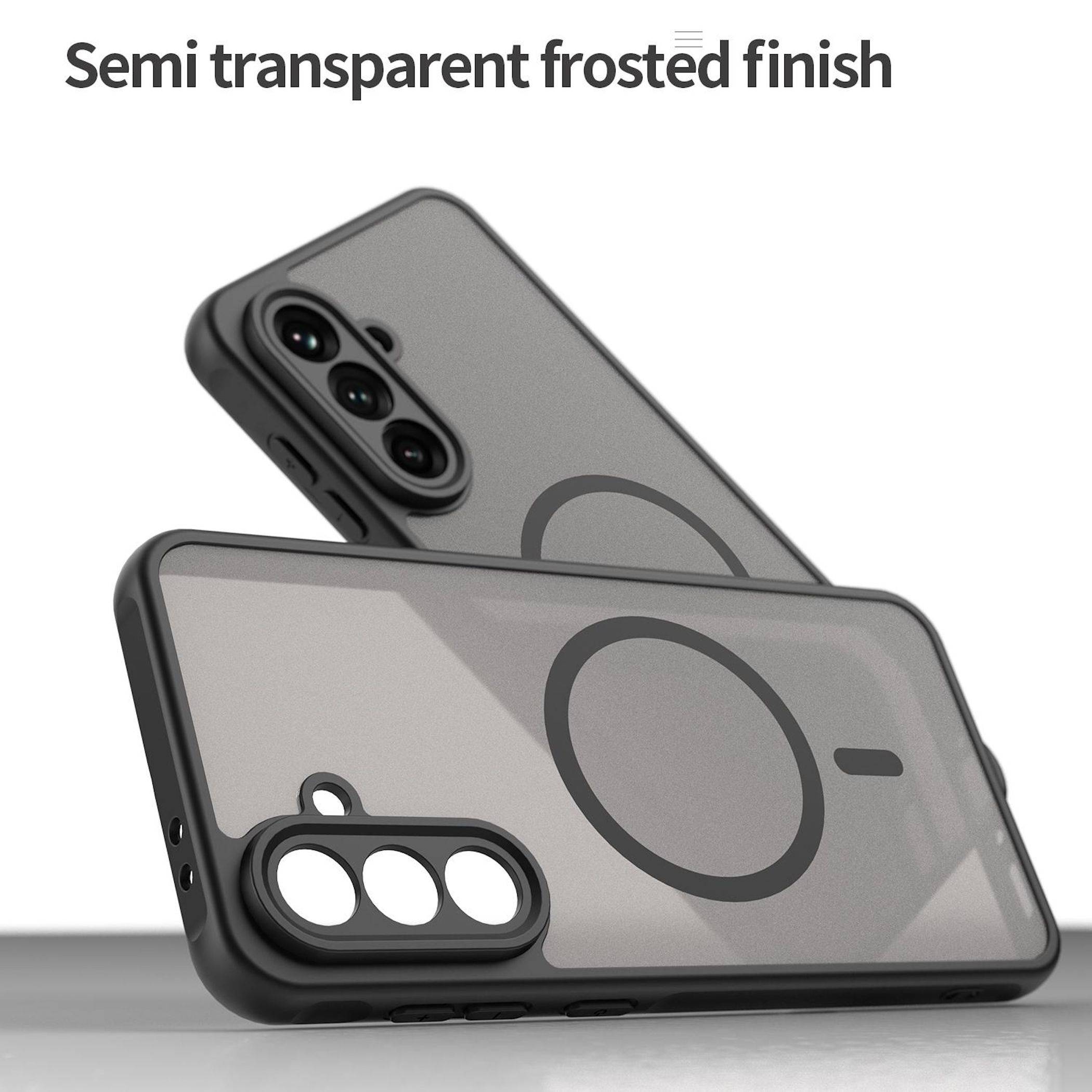 Zwei graue Smartphone-Hüllen, die vorne und hinten gezeigt werden, mit einer halbtransparenten mattglasigen Oberfläche und großem rundem MagSafe-ähnlichem Ausrichtungsring.