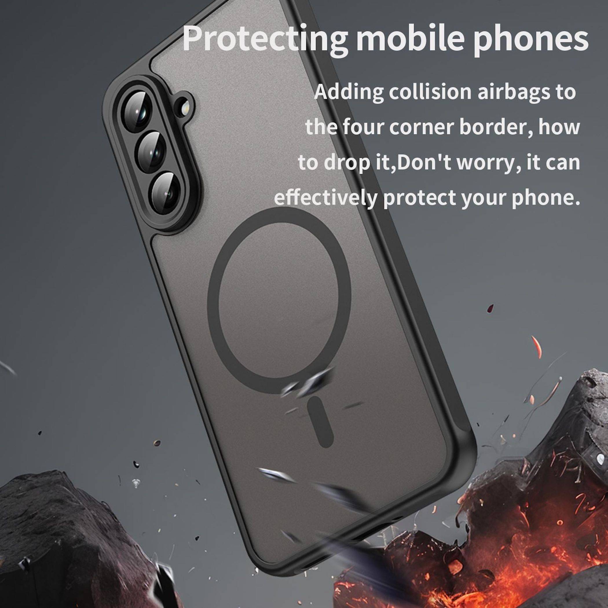 Werbebild einer Handyhülle mit Eckairbags, das ein durch die Hülle vor Stoß geschütztes Smartphone auf einem felsigen, explosiven Hintergrund zeigt.