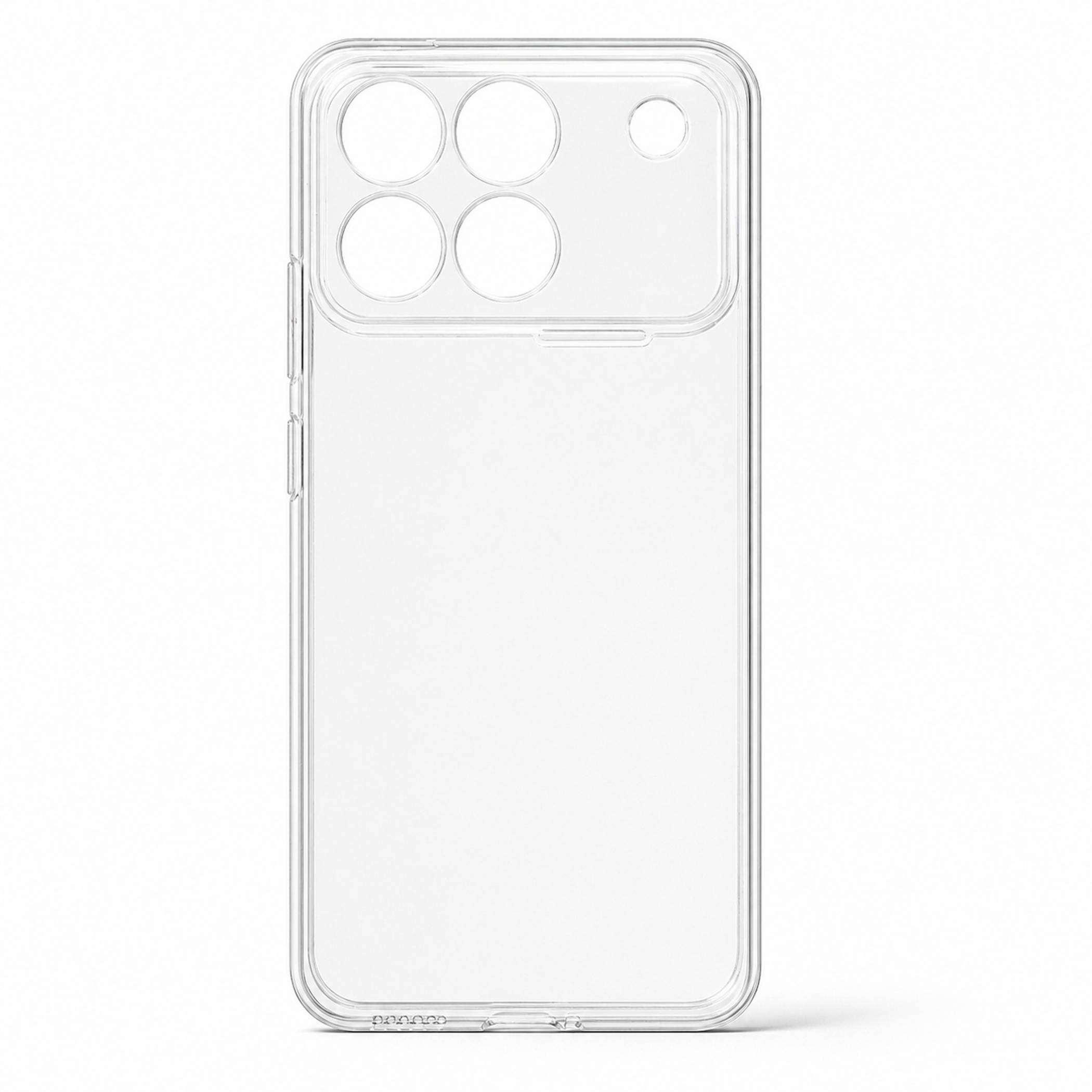 Transparentes Schutz-Smartphone-Case mit großem rückwärtigen Kamera-Ausschnitt und Seitenschaltflächenabdeckungen auf weißem Hintergrund.