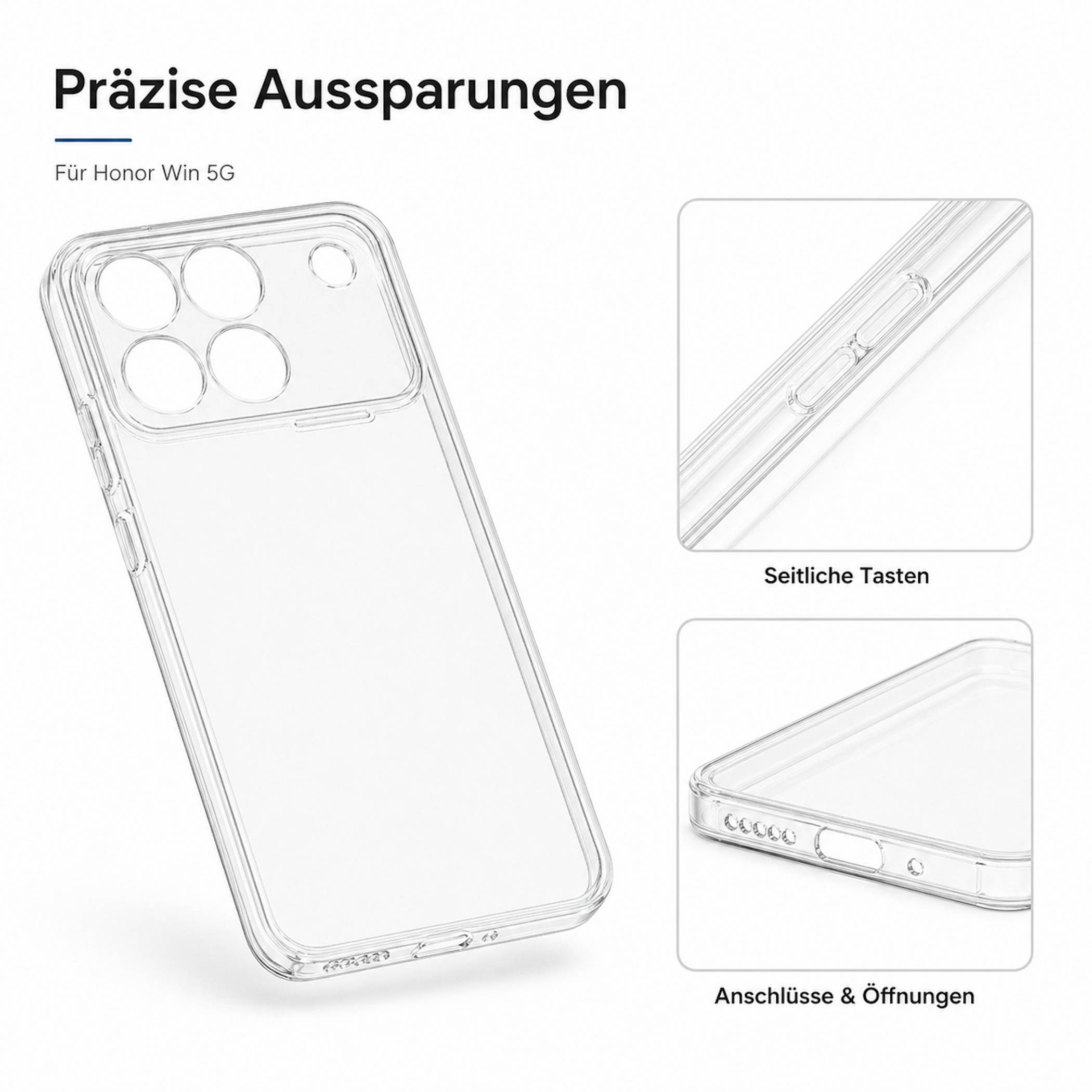 Produktgrafik mit einer durchsichtigen Honor Win 5G-Handyhülle mit präzisen Aussparungen, plus Nahaufnahmen der Seitentasten und Ladeanschlussöffnungen.