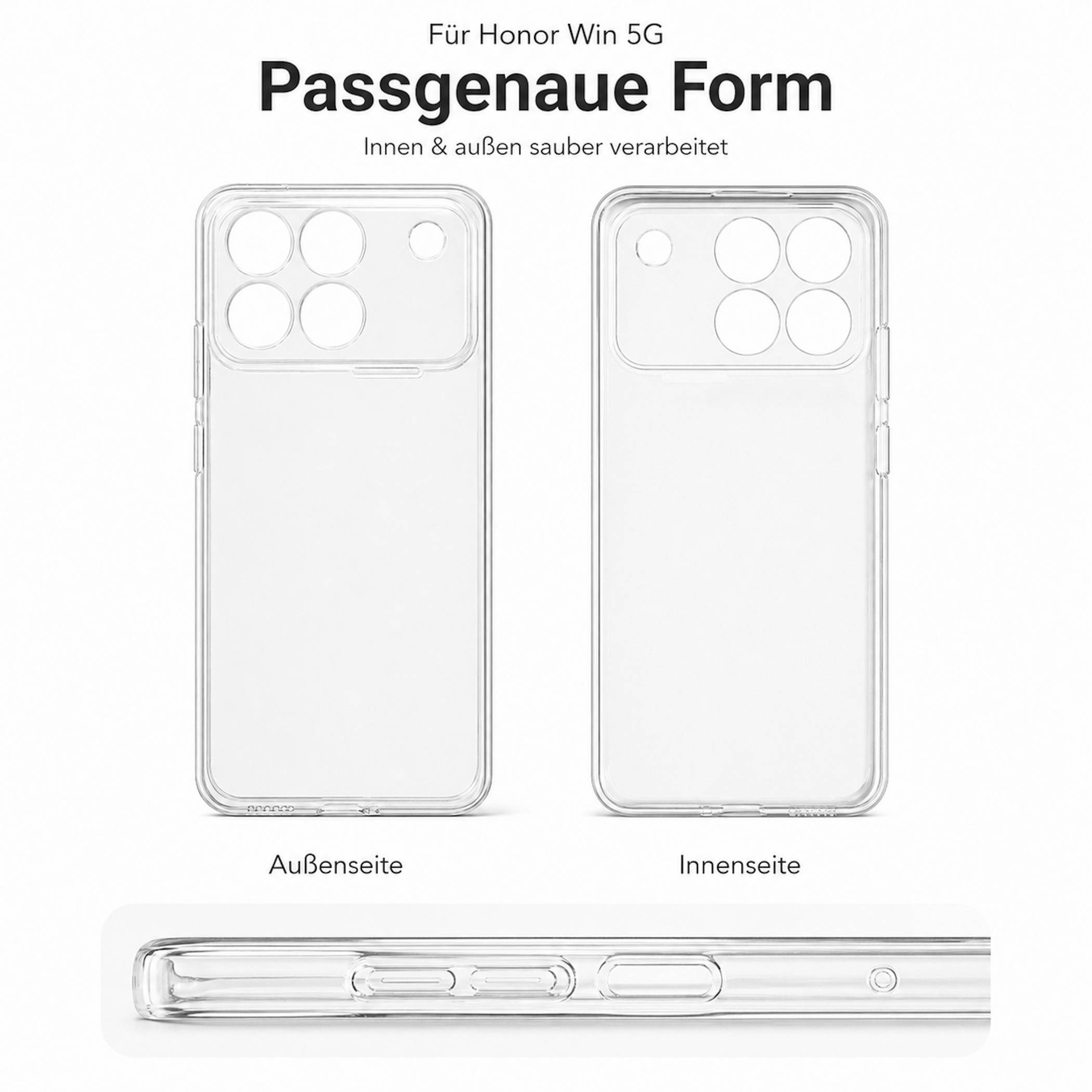 Produktbild einer durchsichtigen Honor Win 5G-Handyhülle, das die äußere und innere Passform mit präzisen Ausschnitten für Kamera und Tasten zeigt.