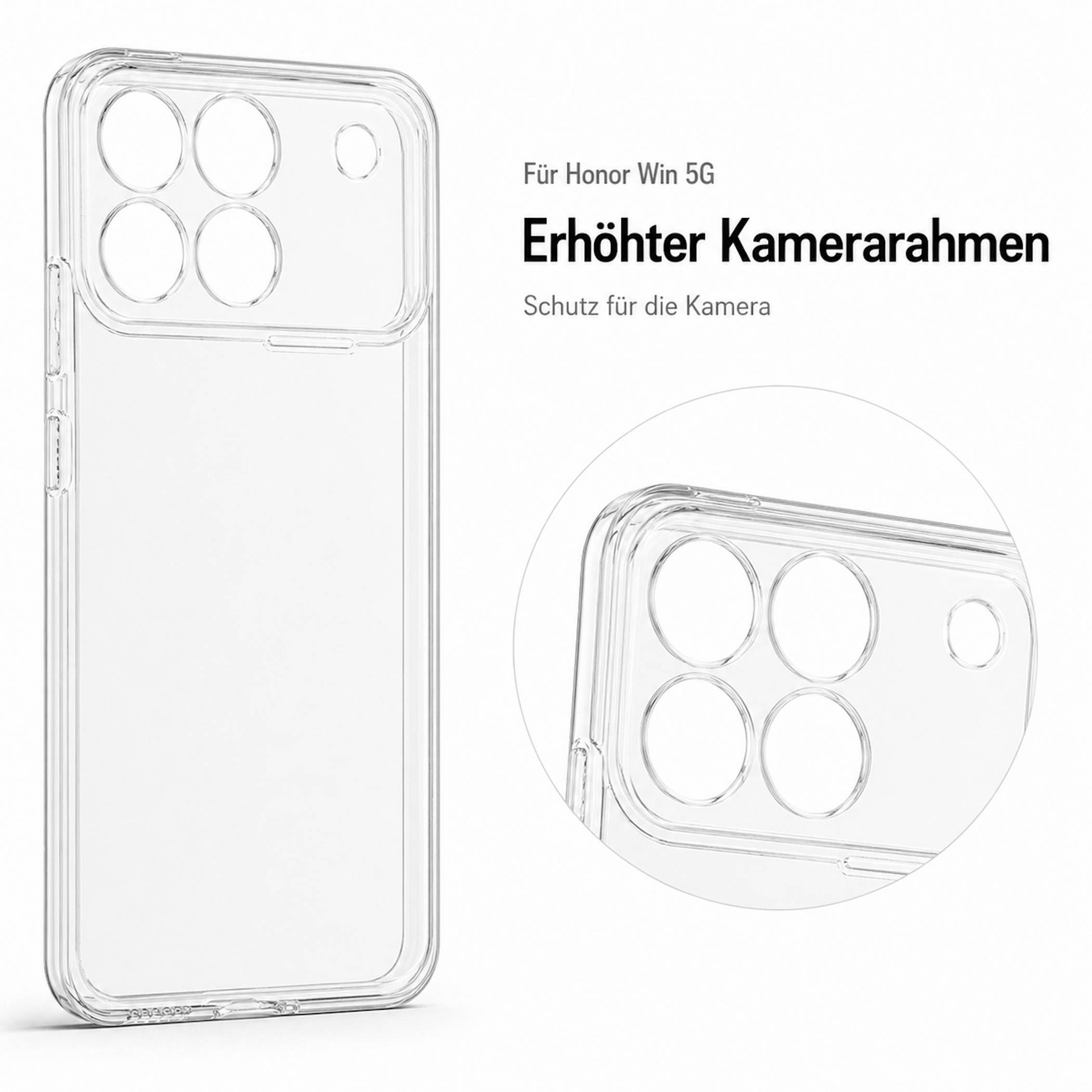 Transparente Schutzhülle für Honor Win 5G mit erhöhtem Kamerarahmen für zusätzlichen Kamerasschutz, mit Nahaufnahme-Vergrößerung des erhöhten Kameraausschnitts.