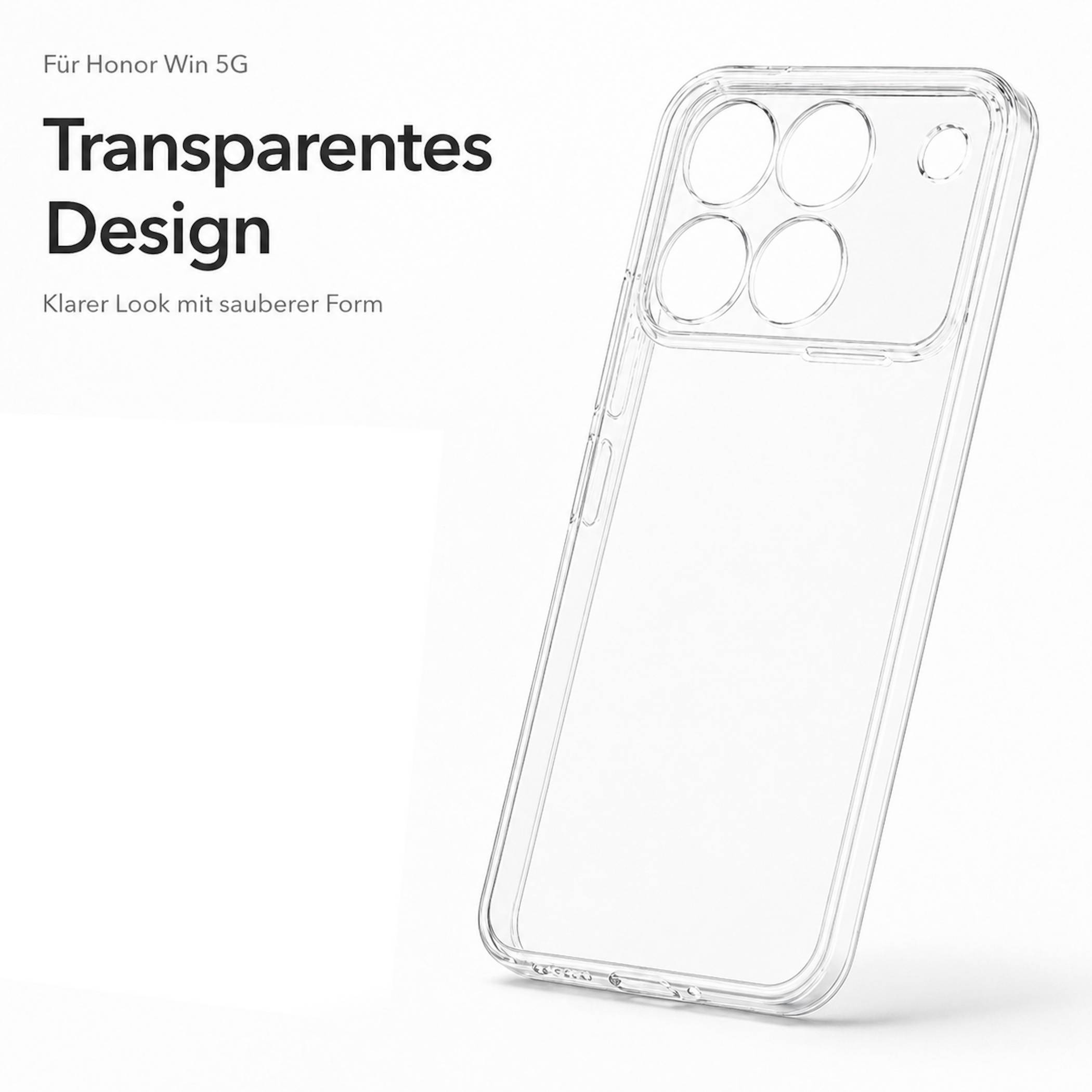 Transparente Honor Win 5G-Handyhülle in einer sauberen Produktanzeige mit dem Text „Transparentes Design