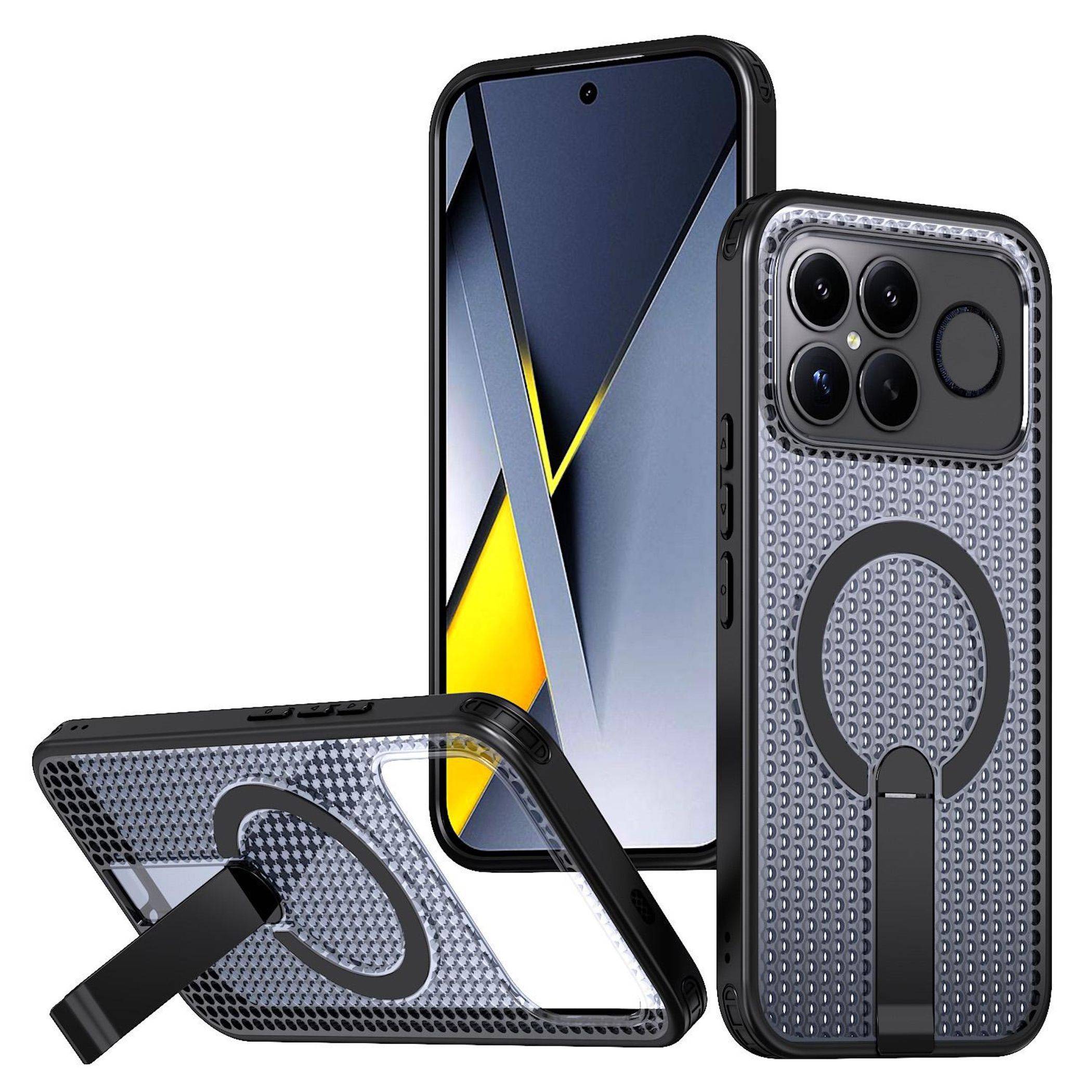 Drei Ansichten einer grauen MagSafe-kompatiblen Handyhülle für ein Smartphone, die die Rückseite, Seitenseite und den integrierten Ständer/Ringhalter zeigen.