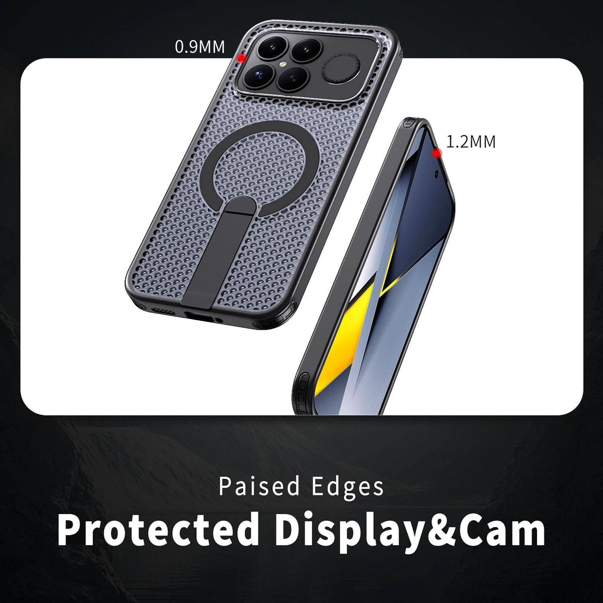 Werbegrafik einer Handyhülle mit erhöhten Kanten, gekennzeichnet mit 0,9 mm und 1,2 mm, die das Display und die Kamera schützen.