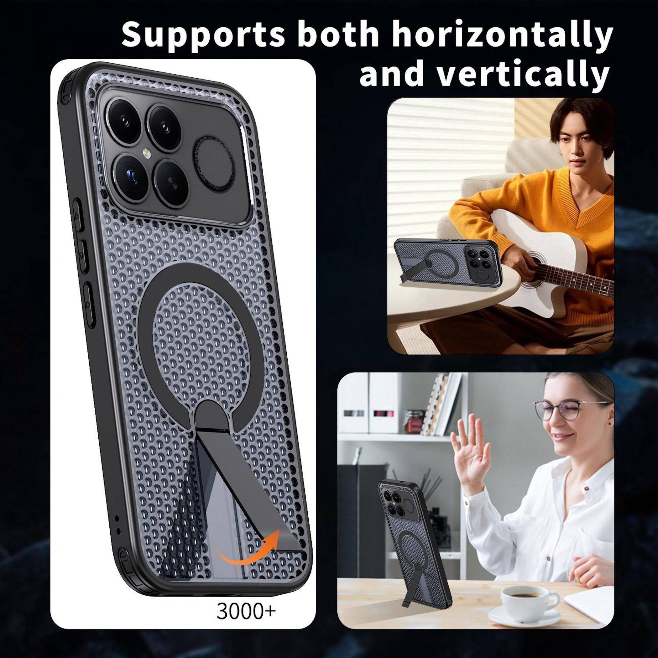 MagSafe-ähnliche Handyhülle mit integriertem Ständer unterstützt horizontale und vertikale Ansicht; dargestellt mit einem Gitarrenspieler und einem Videoanruf-Benutzer.