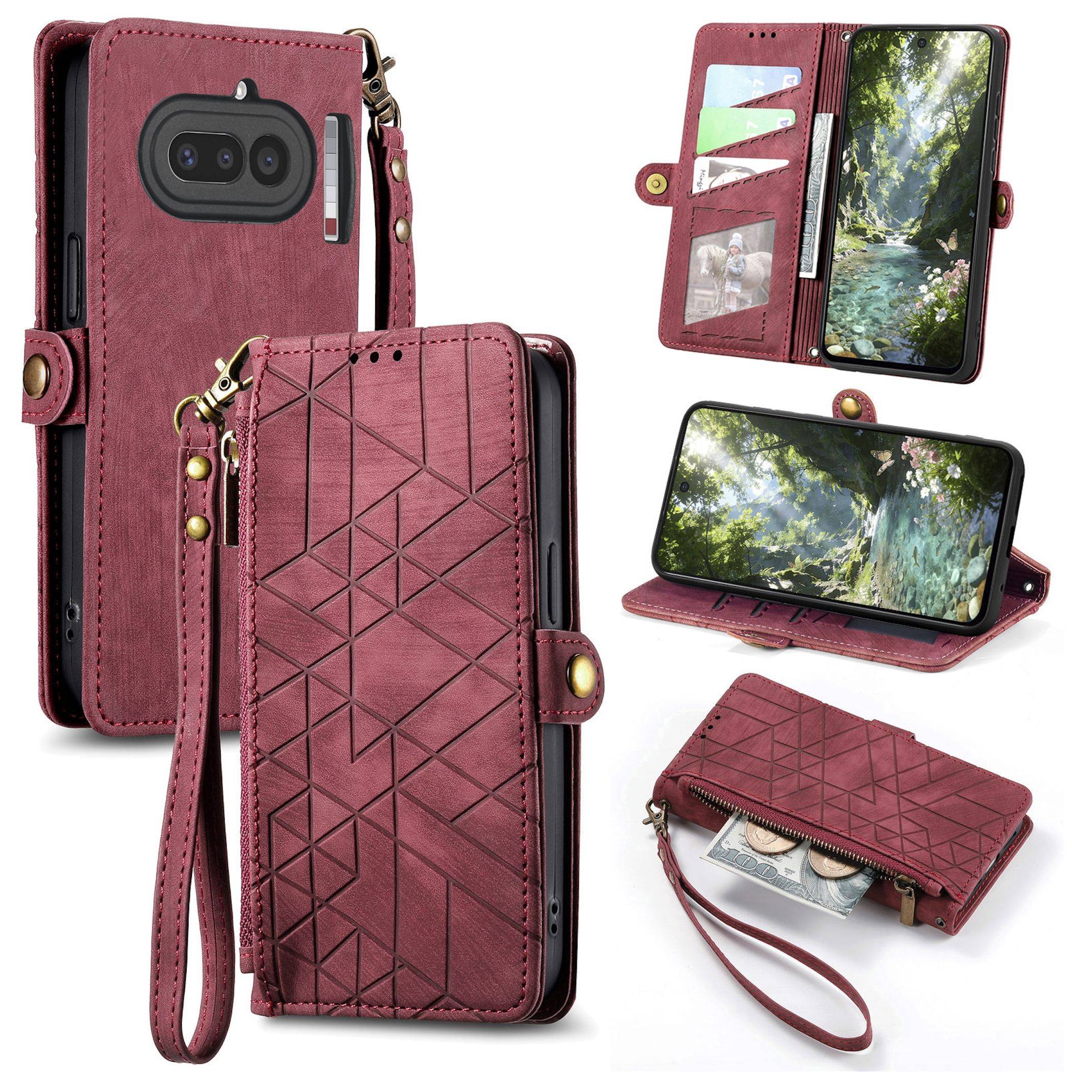 Burgunderrotes Leder-Handytaschenportemonnaie mit Handgelenkschlaufe, Kartenfächern und Reißverschlusstasche, gezeigt von vorne, hinten und als Ständer mit einem Telefon.