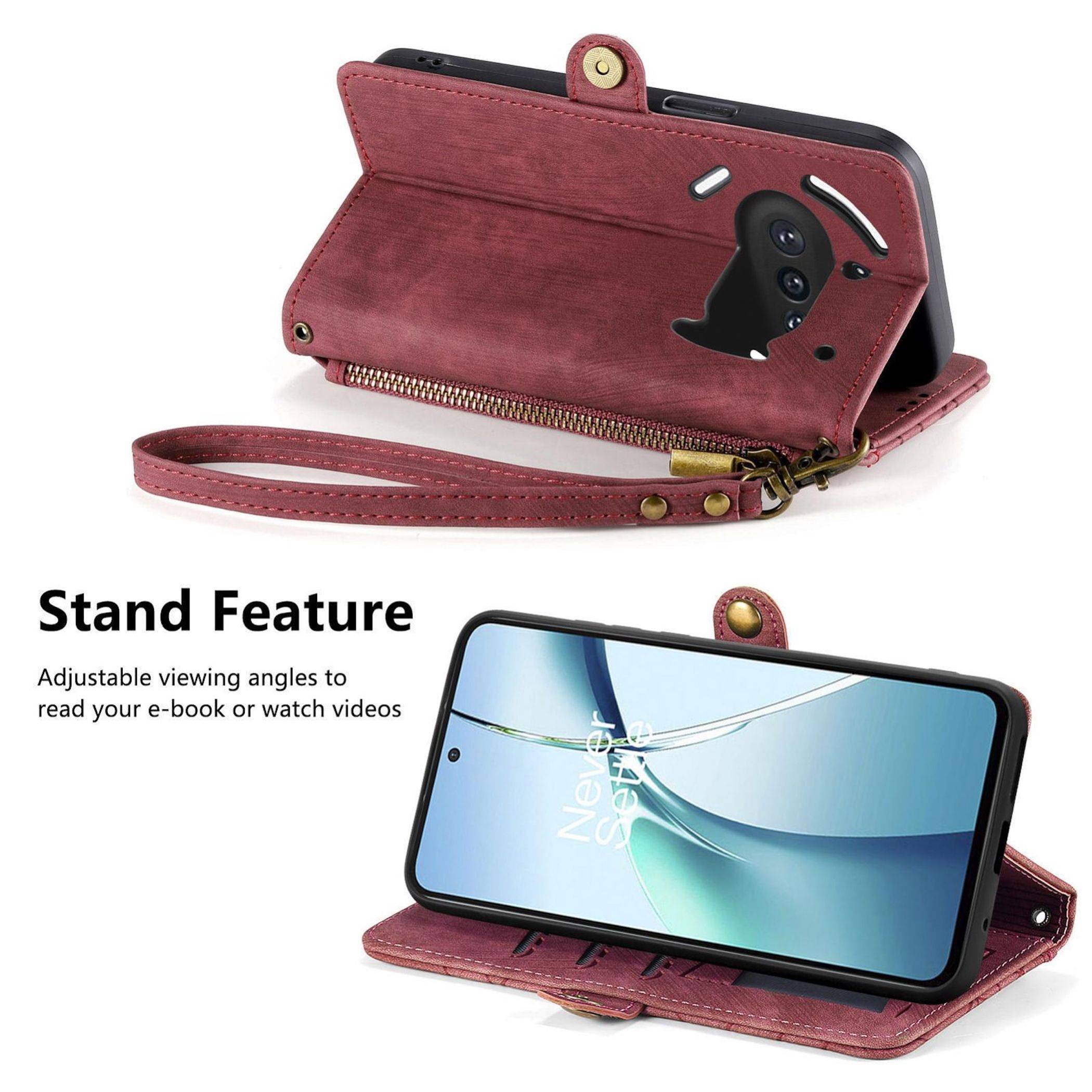 Rosa Leder-Telefongeldbörsen-Etui geschlossen mit Riemen gezeigt und offen als Ständer, der ein Smartphone im Querformat hält.