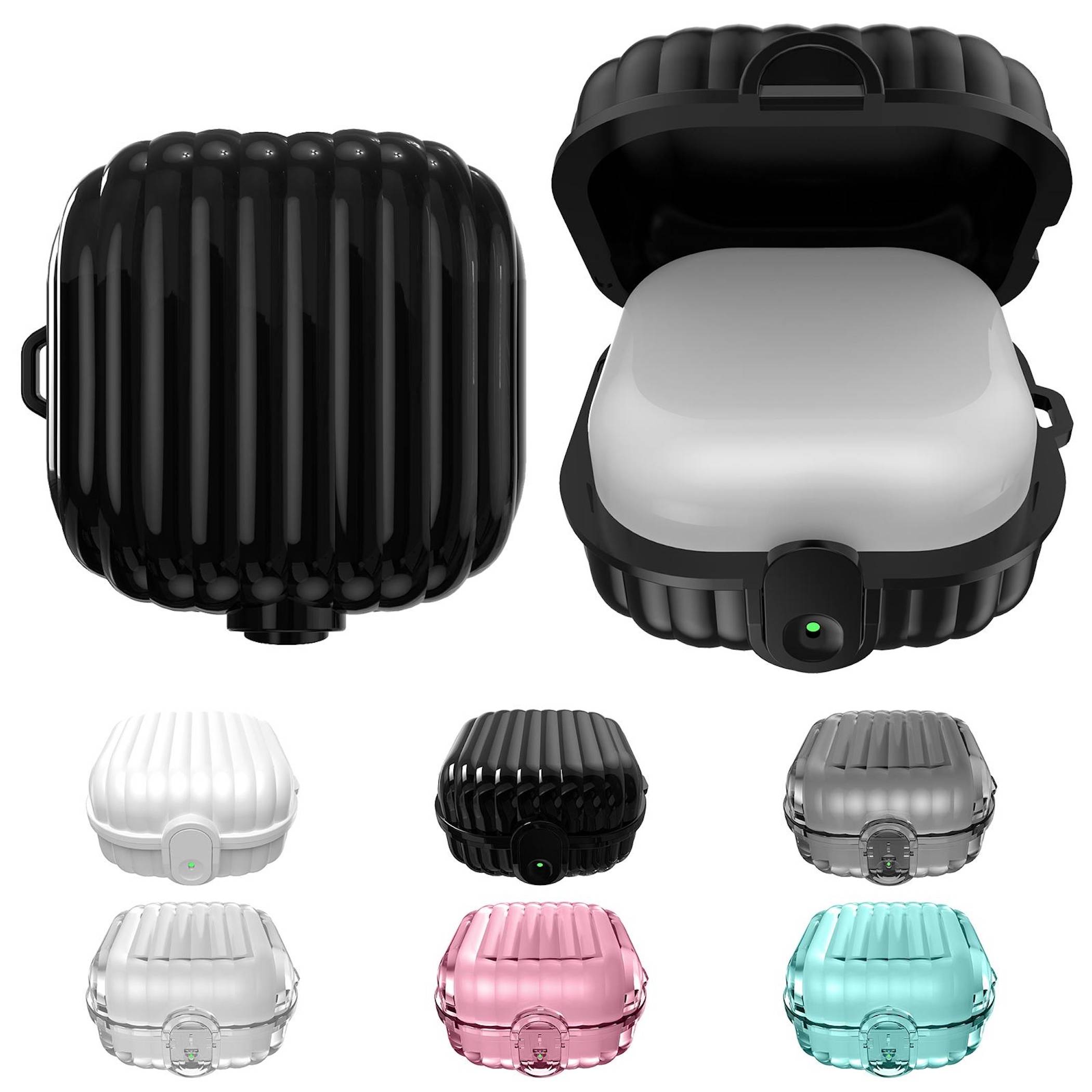 Sammlung von gerippten Hard-Shell-Ohrhörer-Etuis, offen und geschlossen gezeigt in Schwarz, Weiß, Transparent, Grau, Rosa und Aqua; ein schwarzes Etui zeigt Ohrhörer im Inneren.