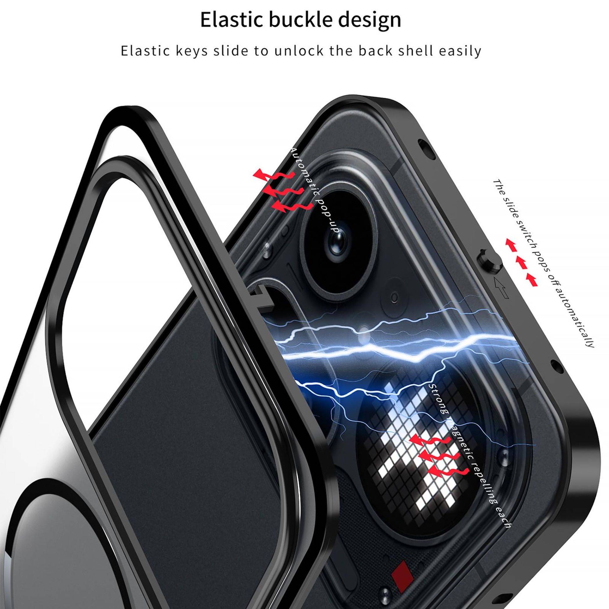 Illustration eines Handyhüllenmit elastischem Schnallenentwurf, die zeigt, wie die Rückschale leicht für das Entsperren abgleitet.