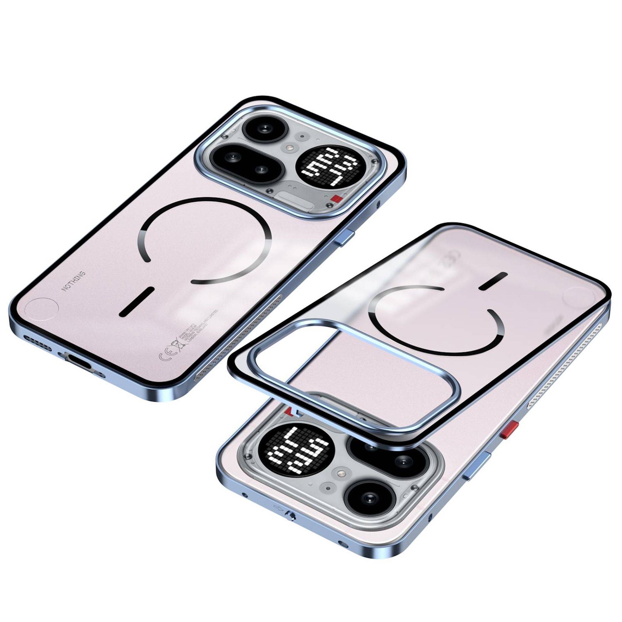 Explodierte Ansicht einer transparenten Smartphone-Schutzhülle mit passendem Metallrahmen, die die Gehäuseteile zeigt, die sich über und unter dem Kameramodul des Telefons trennen.