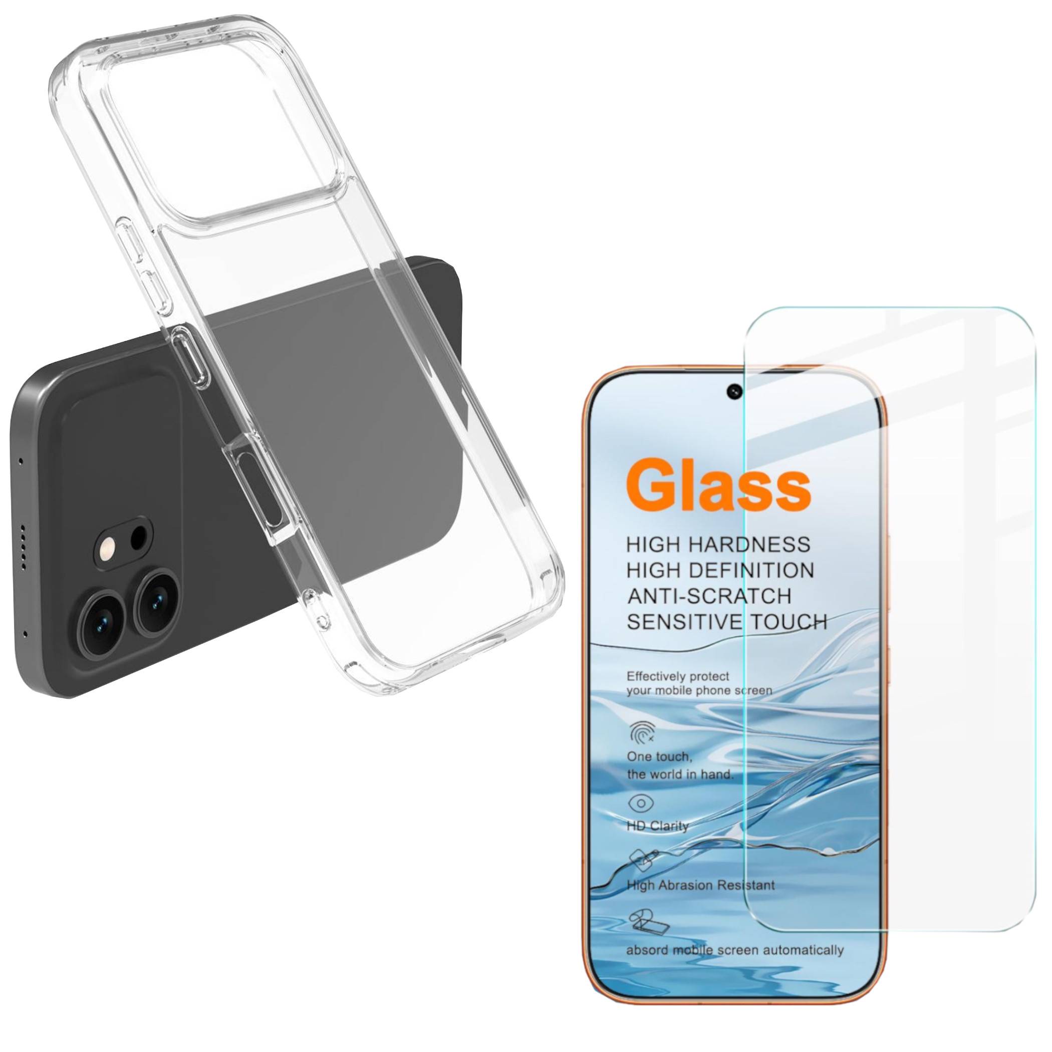 Werbebild einer transparenten Handyhülle und Hartglasschutzfolie, das die Hülle auf einem Telefon zeigt und einen Schutz mit der Bezeichnung „Glas