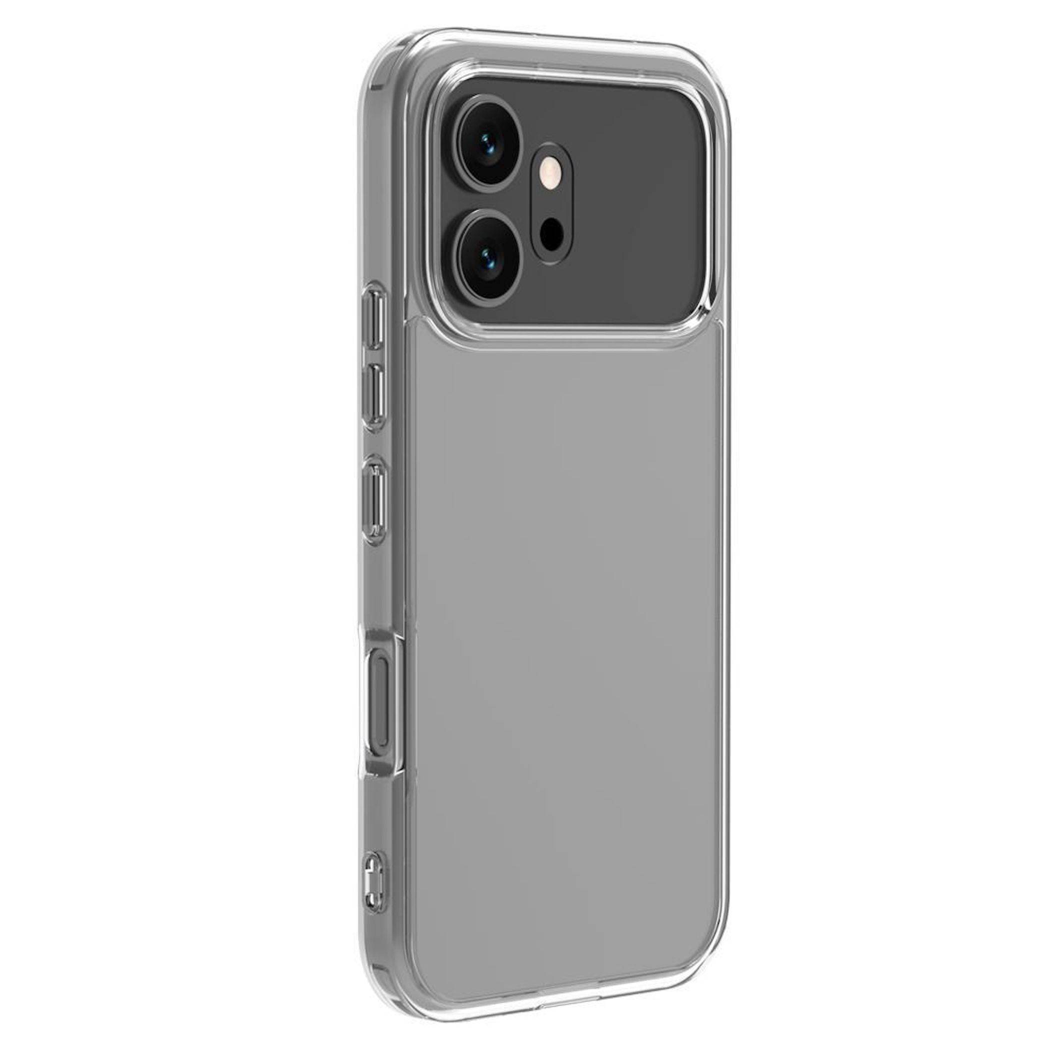 Transparente Schutzschutzhülle für Smartphones mit erhöhtem Kameraausschnitt und Seitenschaltflächenabdeckungen, gezeigt auf weißem Hintergrund.