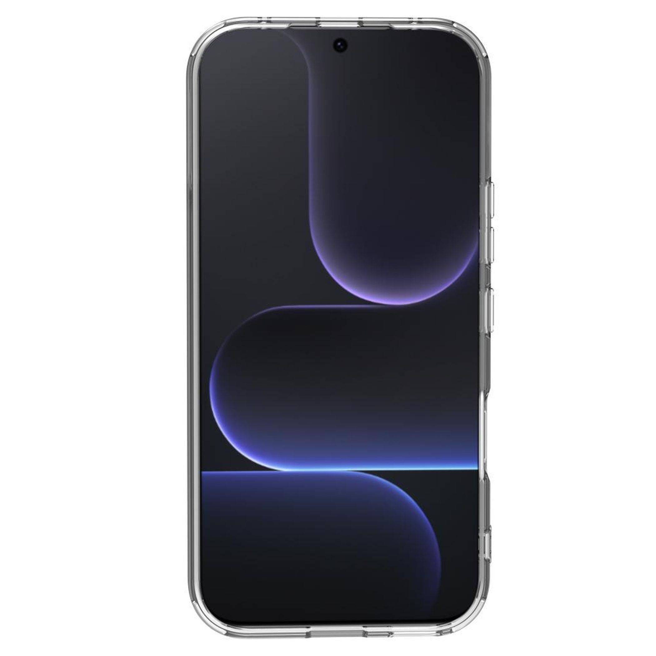 Vorderansicht eines Smartphones mit einem dunkelvioletten abstrakten Hintergrund und einer transparenten Schutzhülle auf weißem Hintergrund.