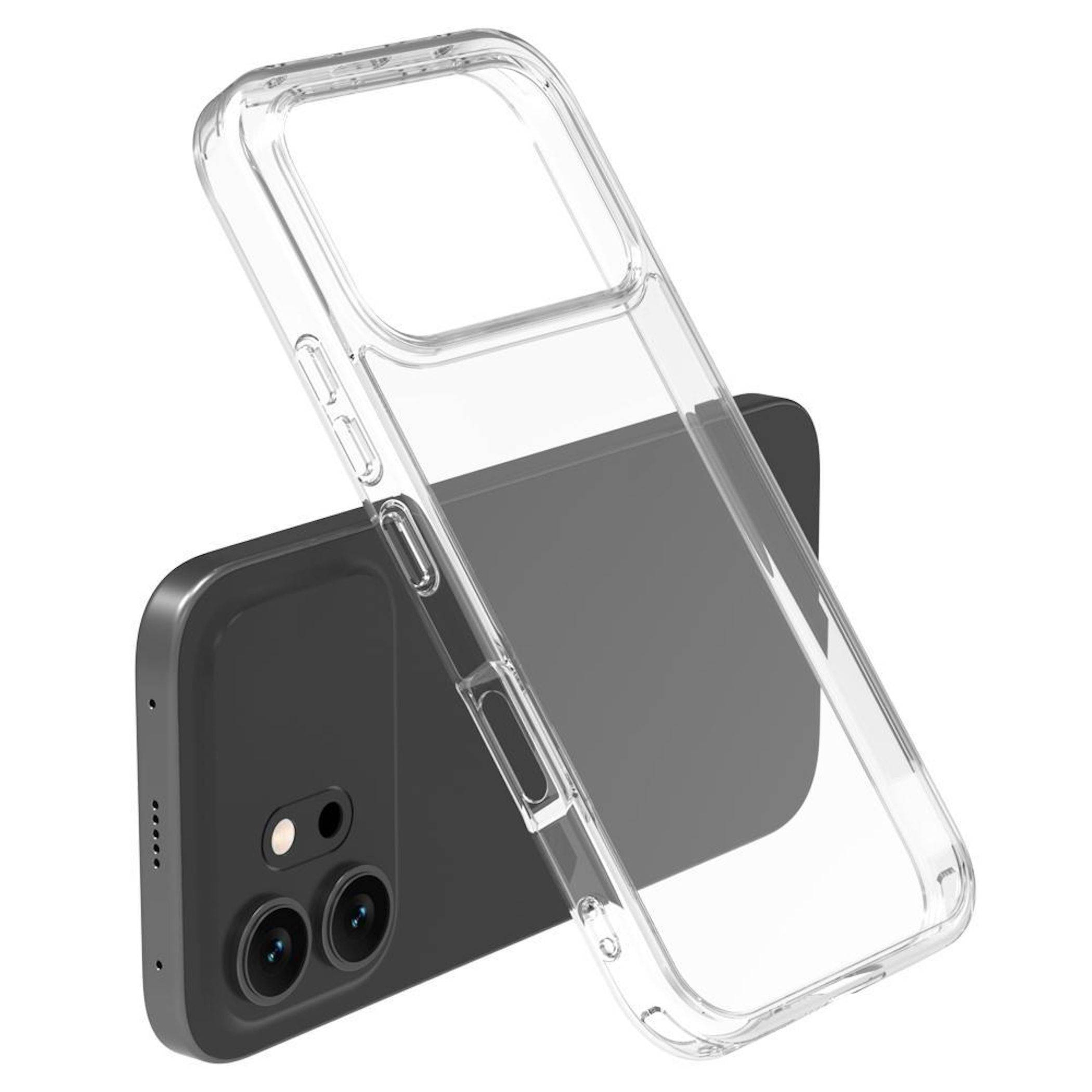 Transparente Schutzhandyhülle in der Vorderansicht mit einem schwarzen Telefon, wobei Kameraausschnitte und das schlanke transparente Design hervorgehoben werden.