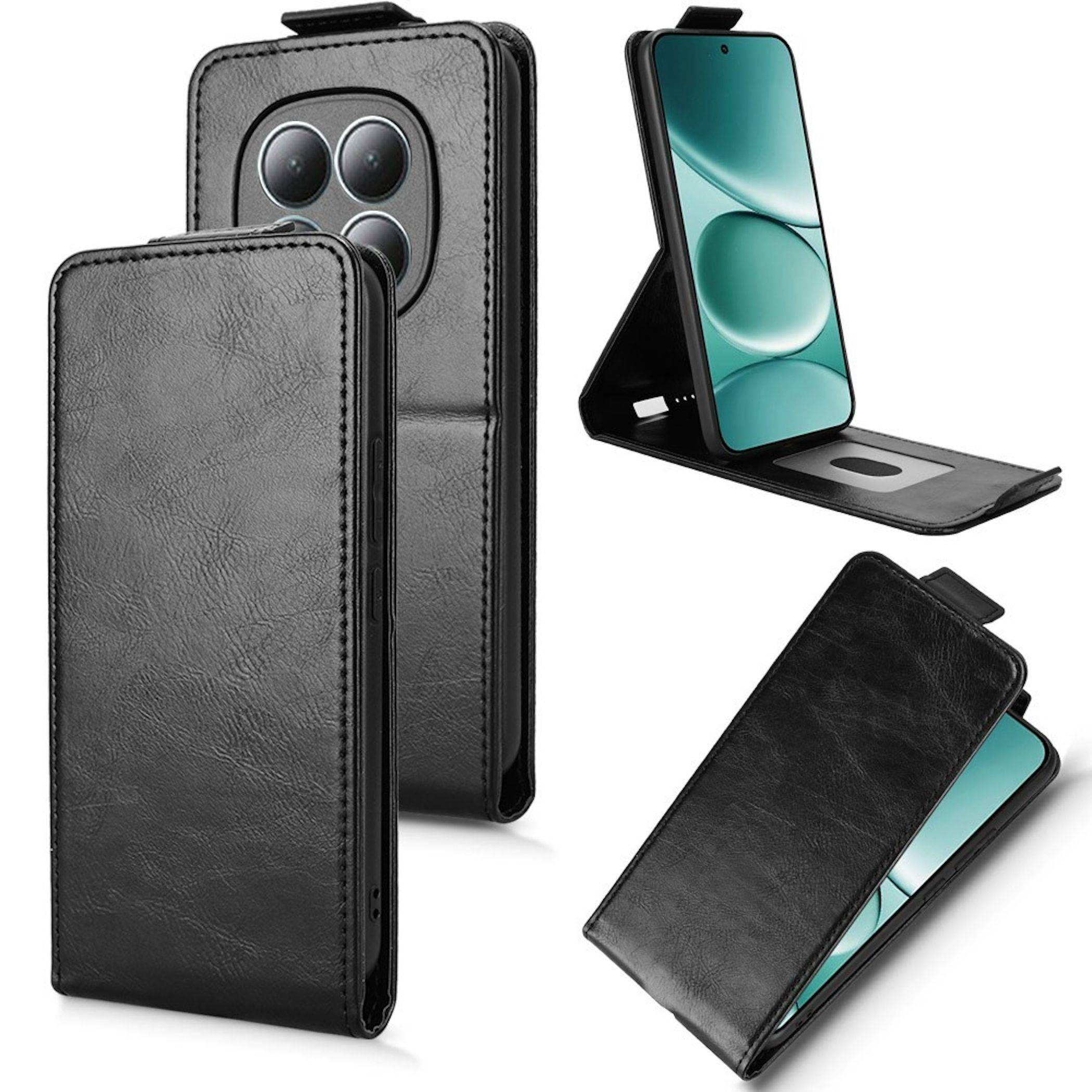 Schwarze Kunstleder-Folio-Handyhülle, geschlossen und offen gezeigt, mit Ständer und Kartenfach, für ein Smartphone mit dreifacher Kameraaussparung.