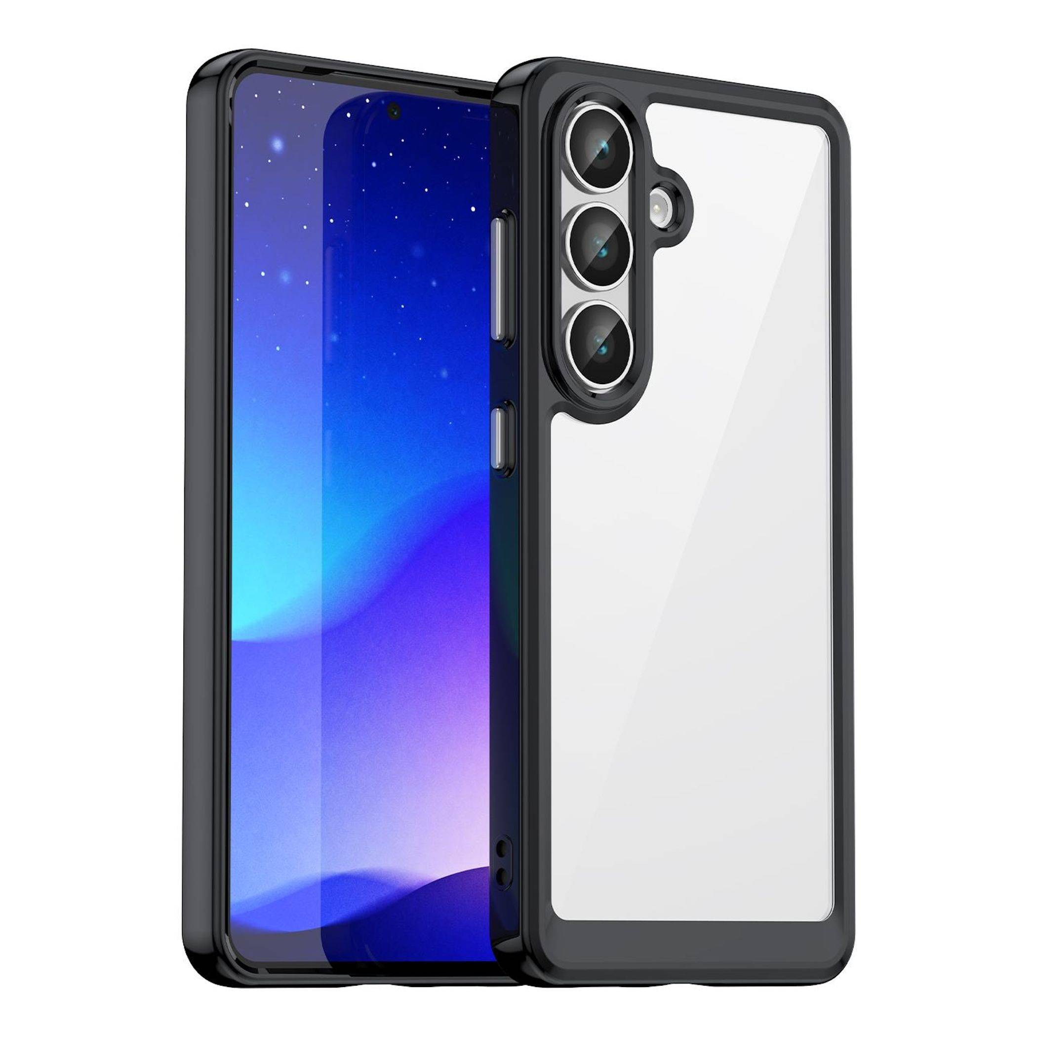 Schwarze schützende Smartphone-Hülle mit transparenter Rückseite und erhöhtem Triple-Kamera-Ausschnitt, gezeigt auf einem Telefon mit blauem Farbverlauf-Bildschirm.