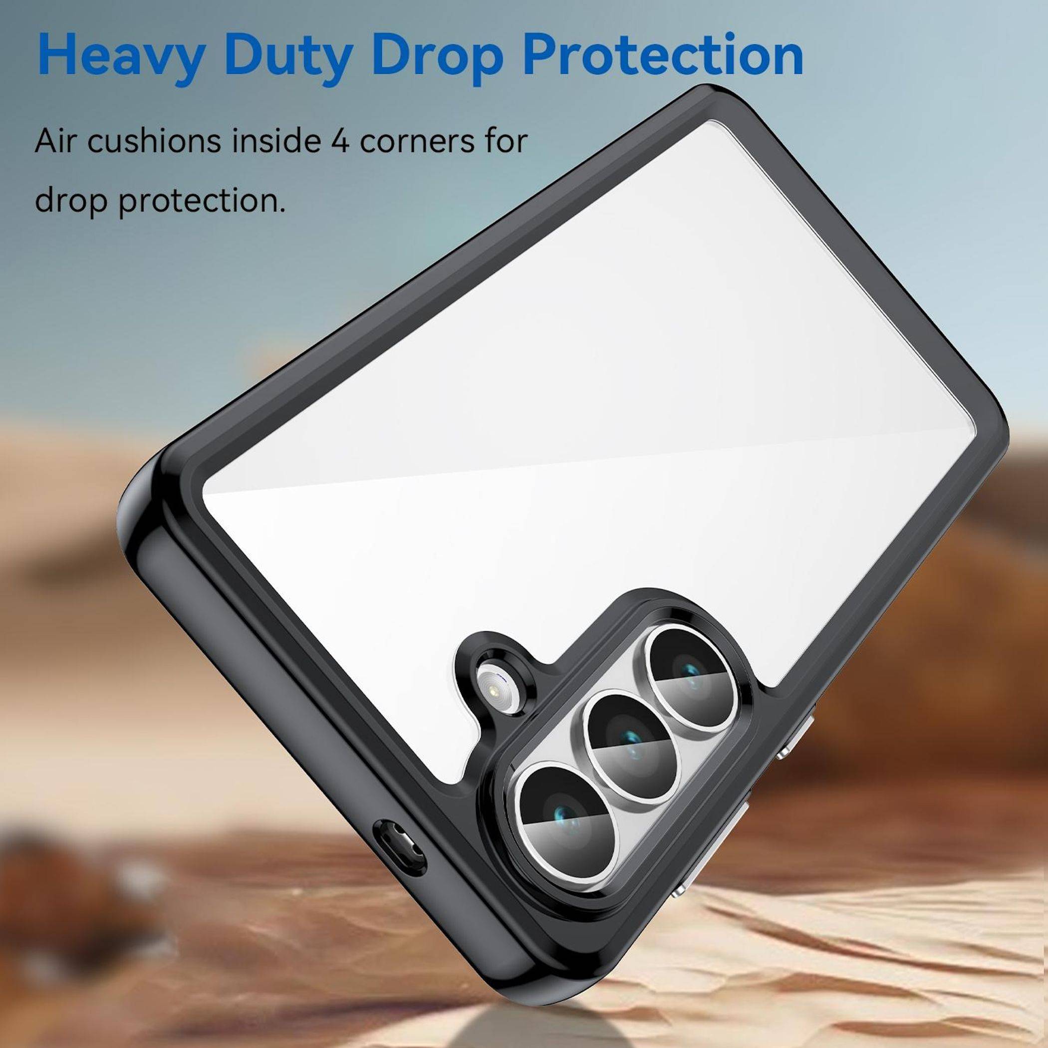 Handyhülle mit erhöhtem Kameraschutz und Text „Heavy Duty Drop Protection
