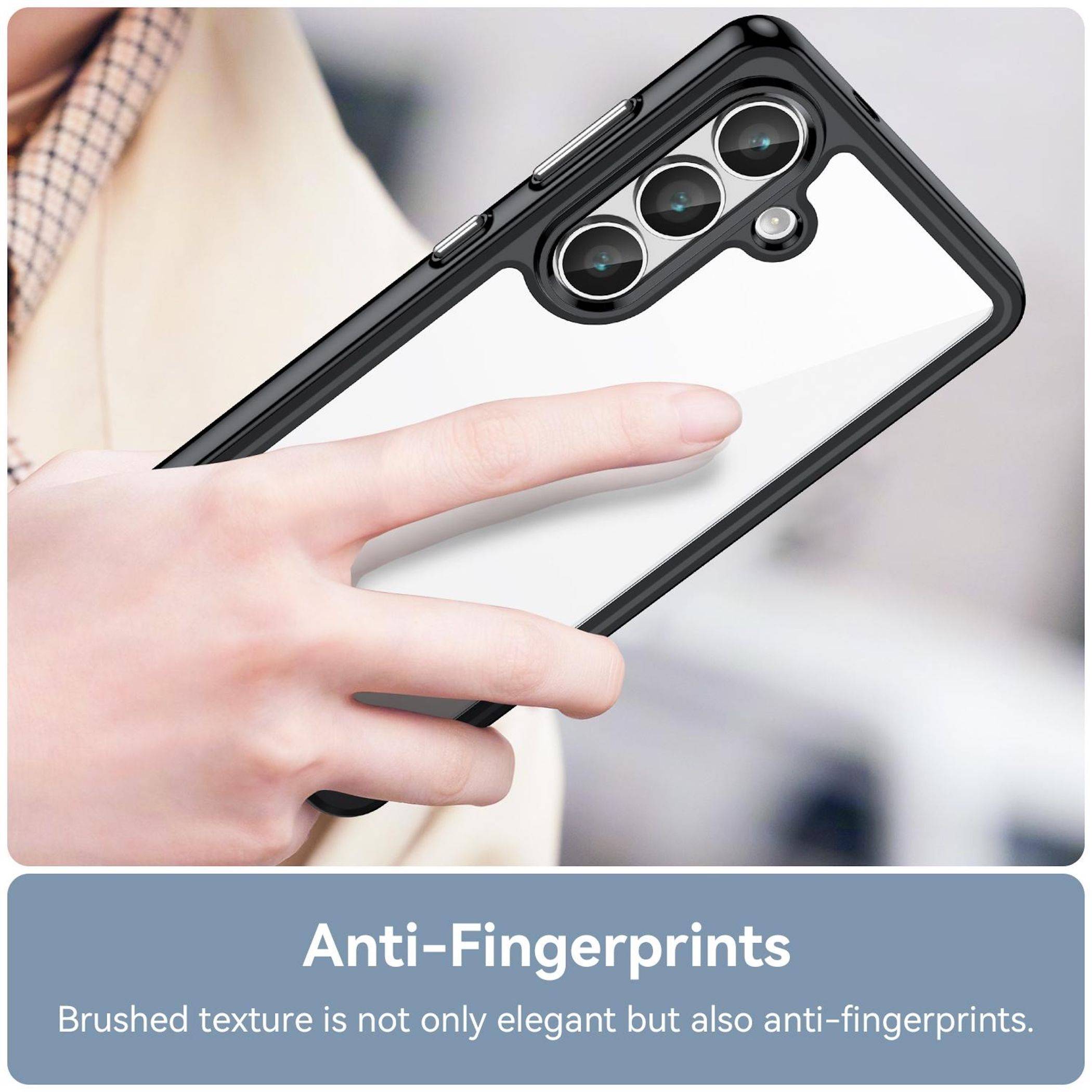 Hand, die ein Smartphone mit schwarzem Case hält, mit Text „Anti-Fingerabdrücke
