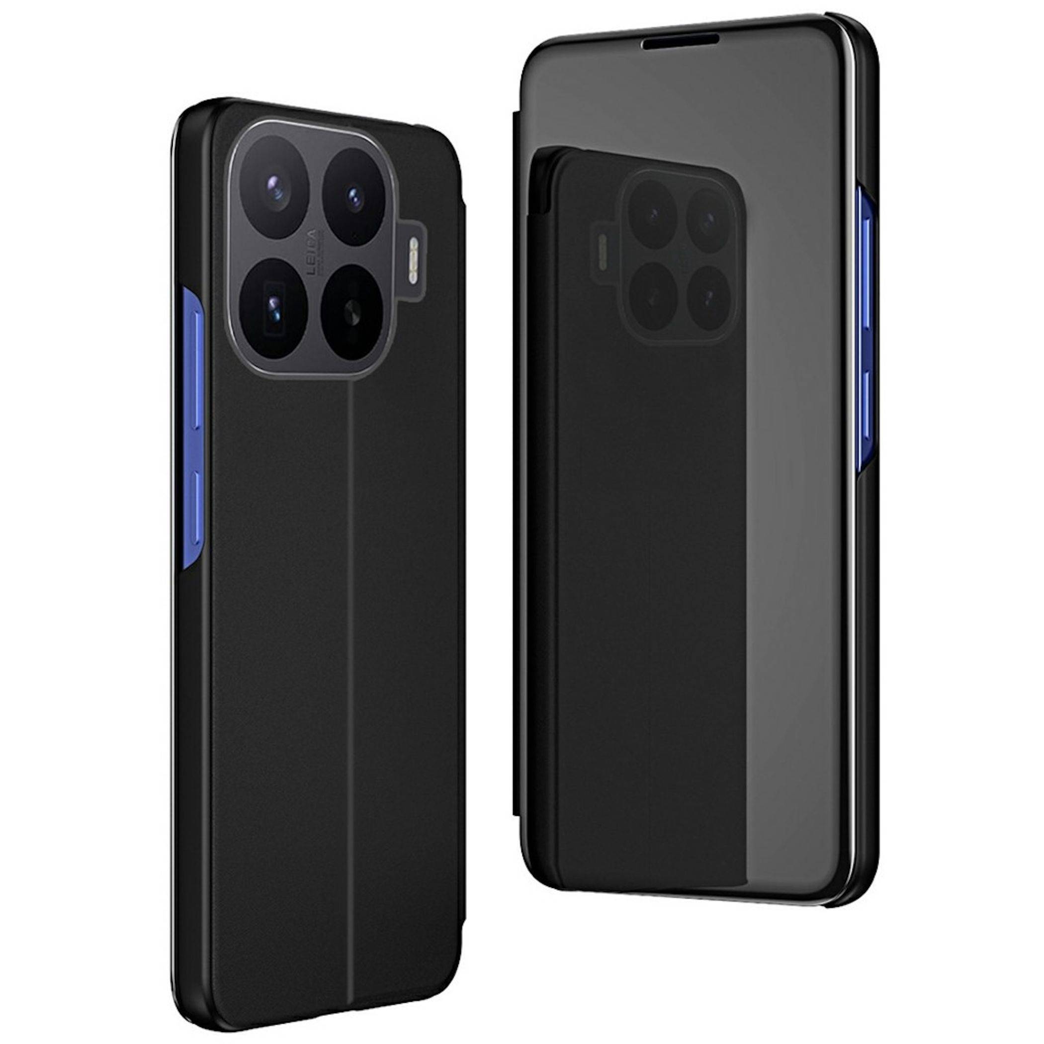 Schwarze Smartphone-Hülle von vorne und hinten gezeigt, mit erhabener quadratischer Kameraaussparung und blauen Seitentastenelementen.