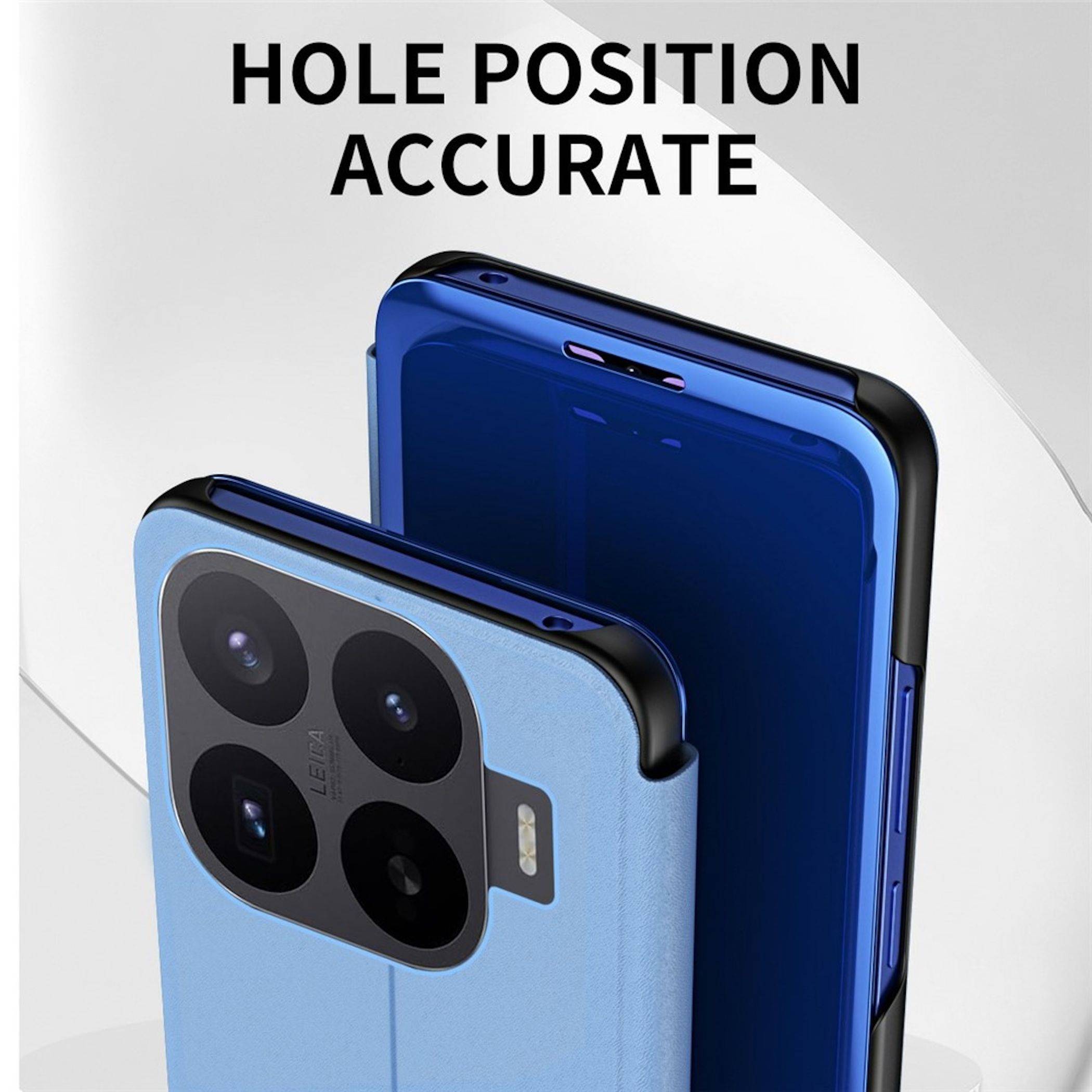 Werbegrafikzweier blauer Smartphone-Hüllen, Vorder- und Rückseite, die eine präzise Lochanpassung zeigen, mit dem Text 