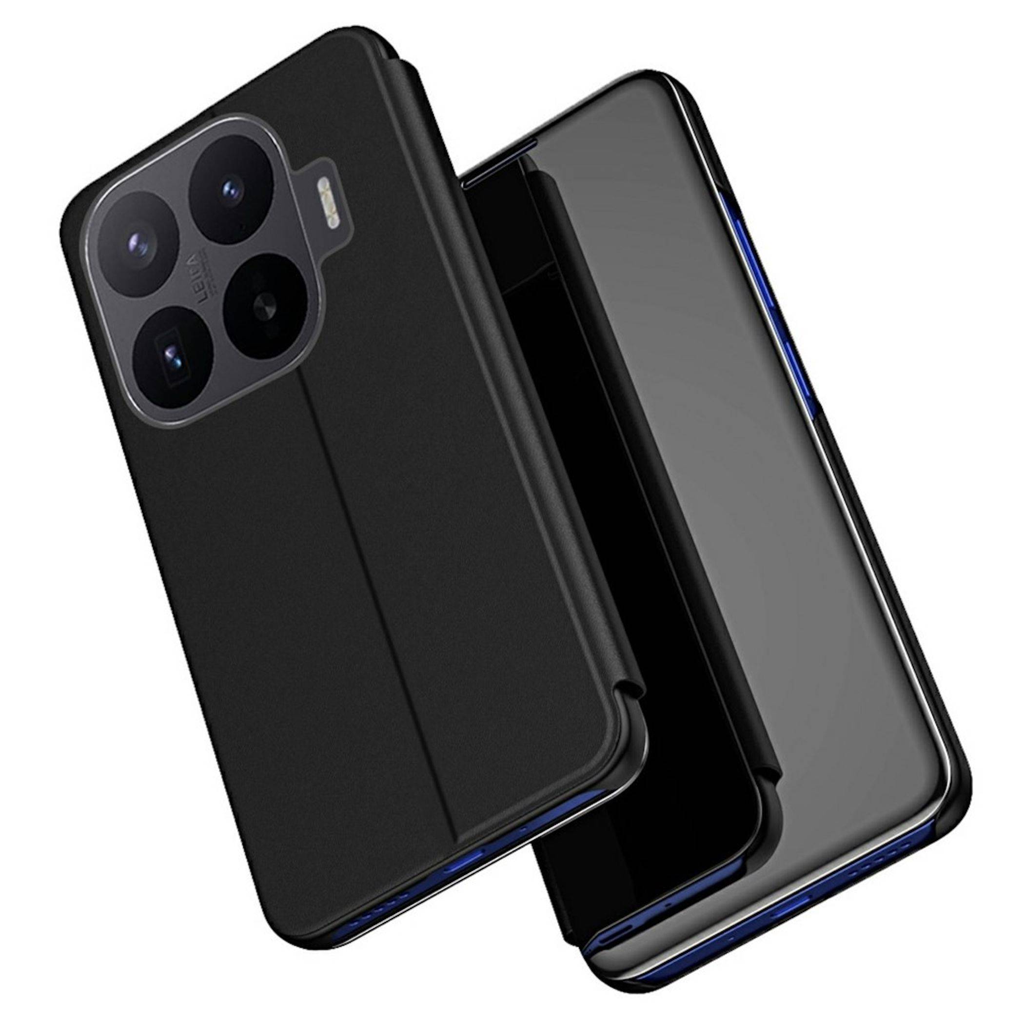 Zwei schwarze Smartphone-Schutzhüllen, nebeneinander angewinkelt dargestellt, wobei eine teilweise geöffnet ist, um den Telefonbildschirm und die Kameraaussparung zu zeigen.