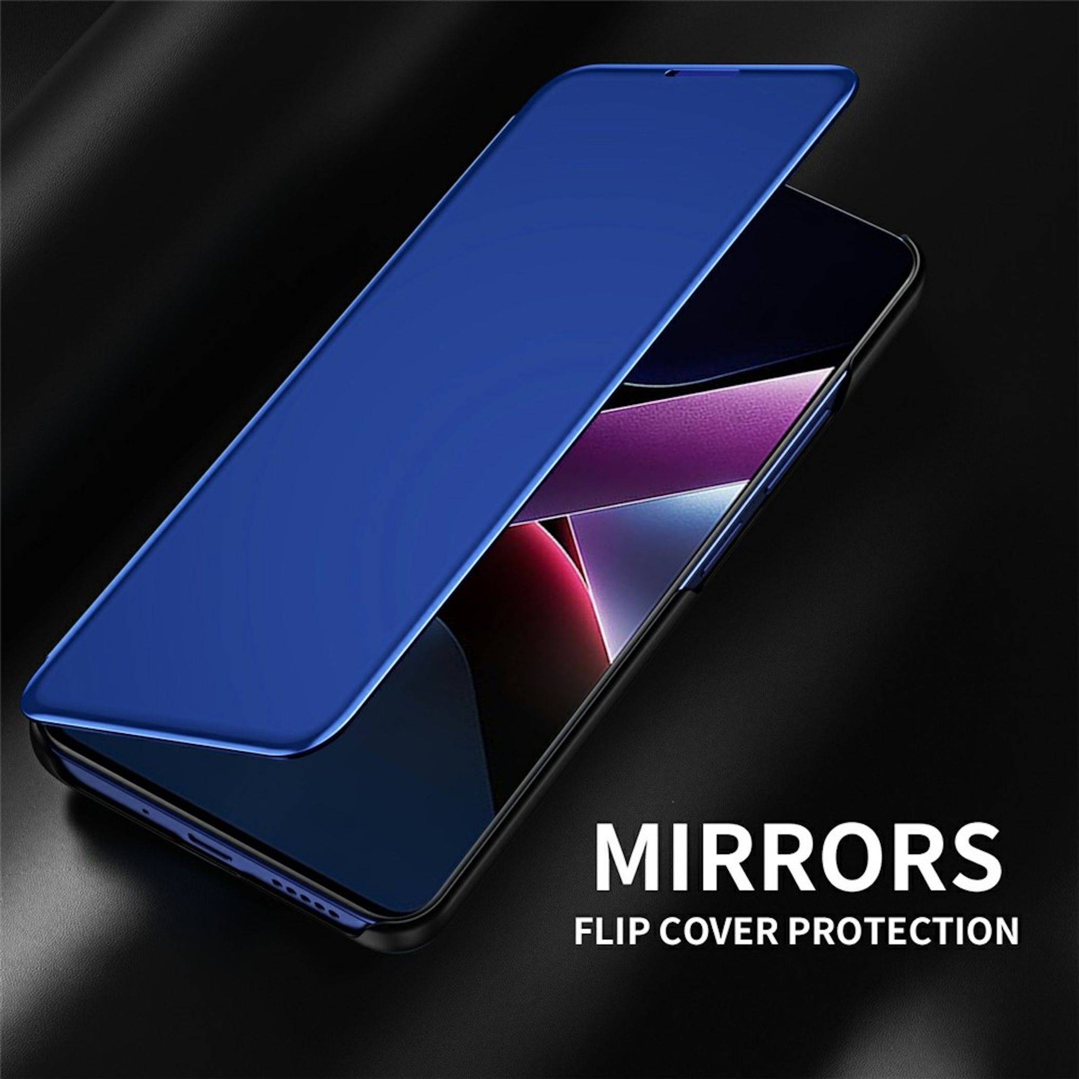 Blaue Klapphandyhülle mit verspiegeltem Deckel, aufgeklappt dargestellt, mit den Bezeichnungen „MIRRORS
