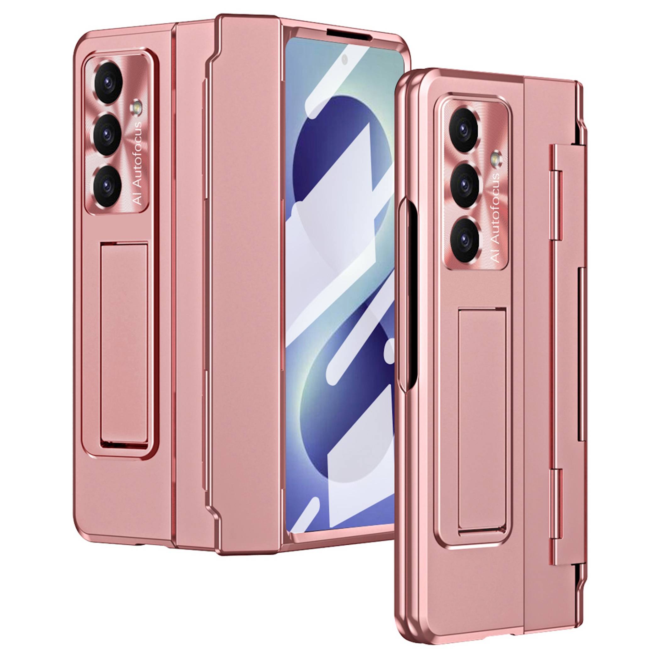 Roségoldener faltbarer Telefonschutz, geöffnet und geschlossen gezeigt, mit dreifachem Kameraausschnitt auf der Rückseite und integriertem Ständer.