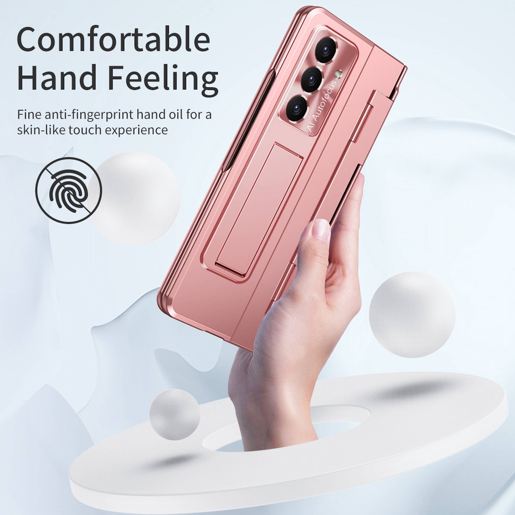 Rosa zusammenklappbares Smartphone in einer Hand mit dem Text „Komfortables Handgefühl