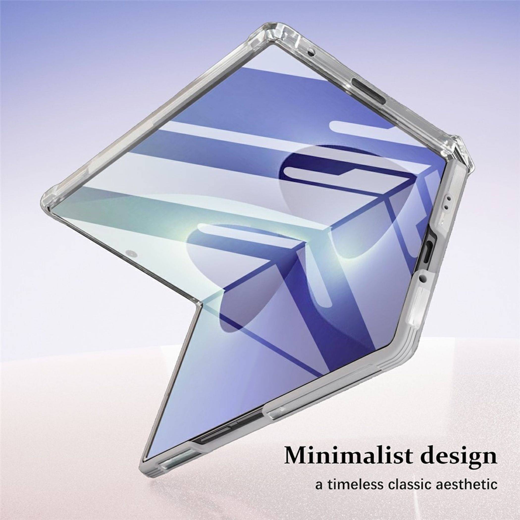 Durchsichtige Handyhülle mit blauem abstraktem Einsatz, gezeigt als „Minimalistisches Design