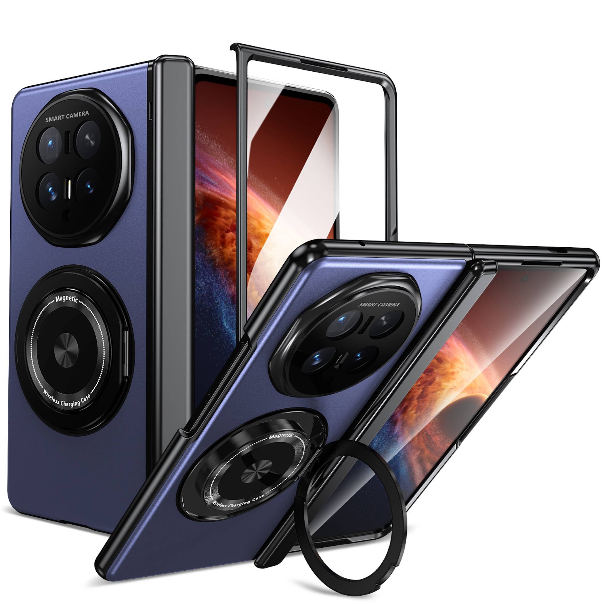 Faltbares Smartphone, offen und geschlossen gezeigt, in einem blauen Gehäuse mit zirkulärer Kamera und magnetischem Ladering, sowie ein Ring-Ständer-Zubehör.