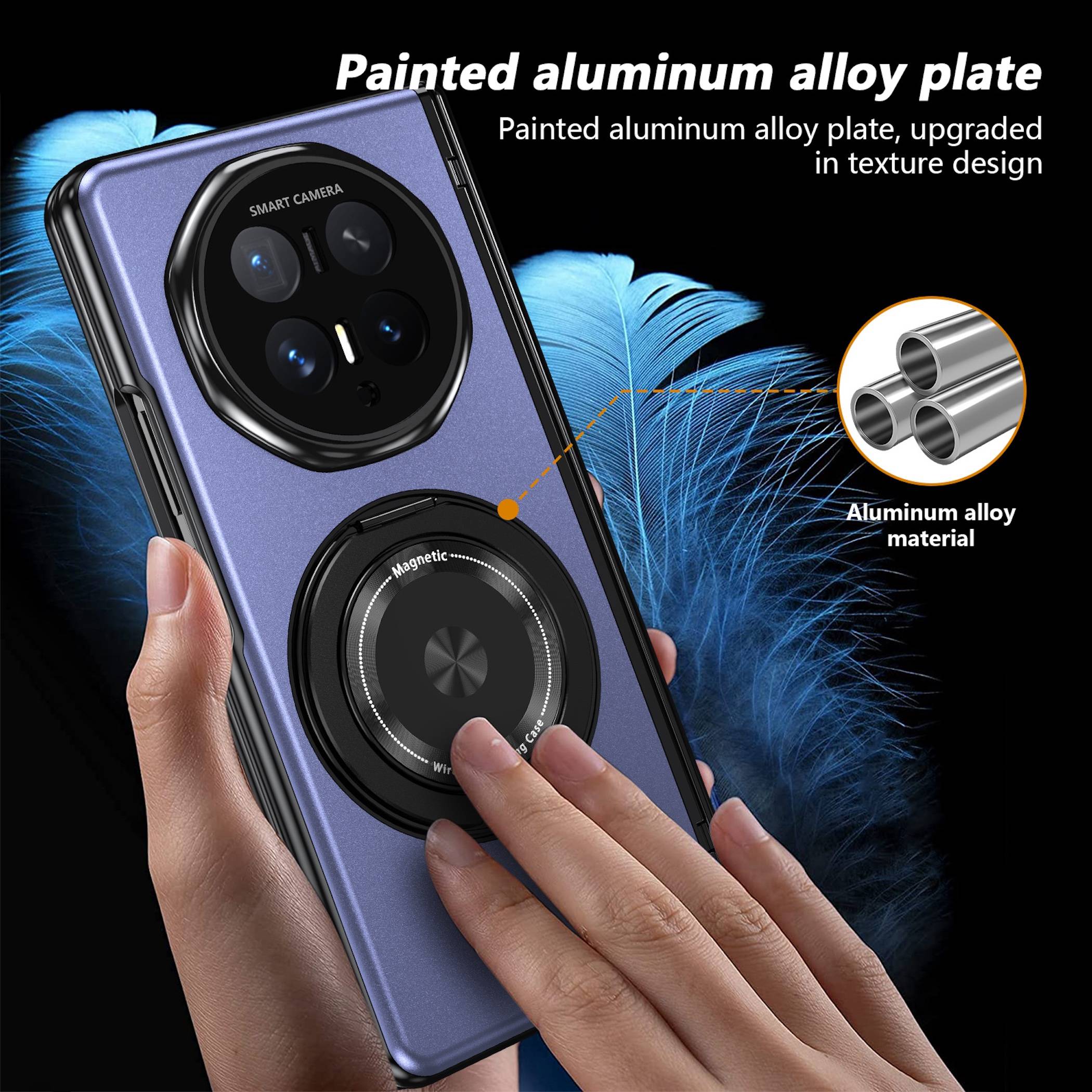 Hand hält ein Smartphone mit einer violett angestrichenen Aluminium-Legierung auf der Rückseite, großem Kameramodul und kreisförmigem Magnetring; gekennzeichnet als aufgerüstetes strukturiertes Aluminium-Legierungsmaterial.