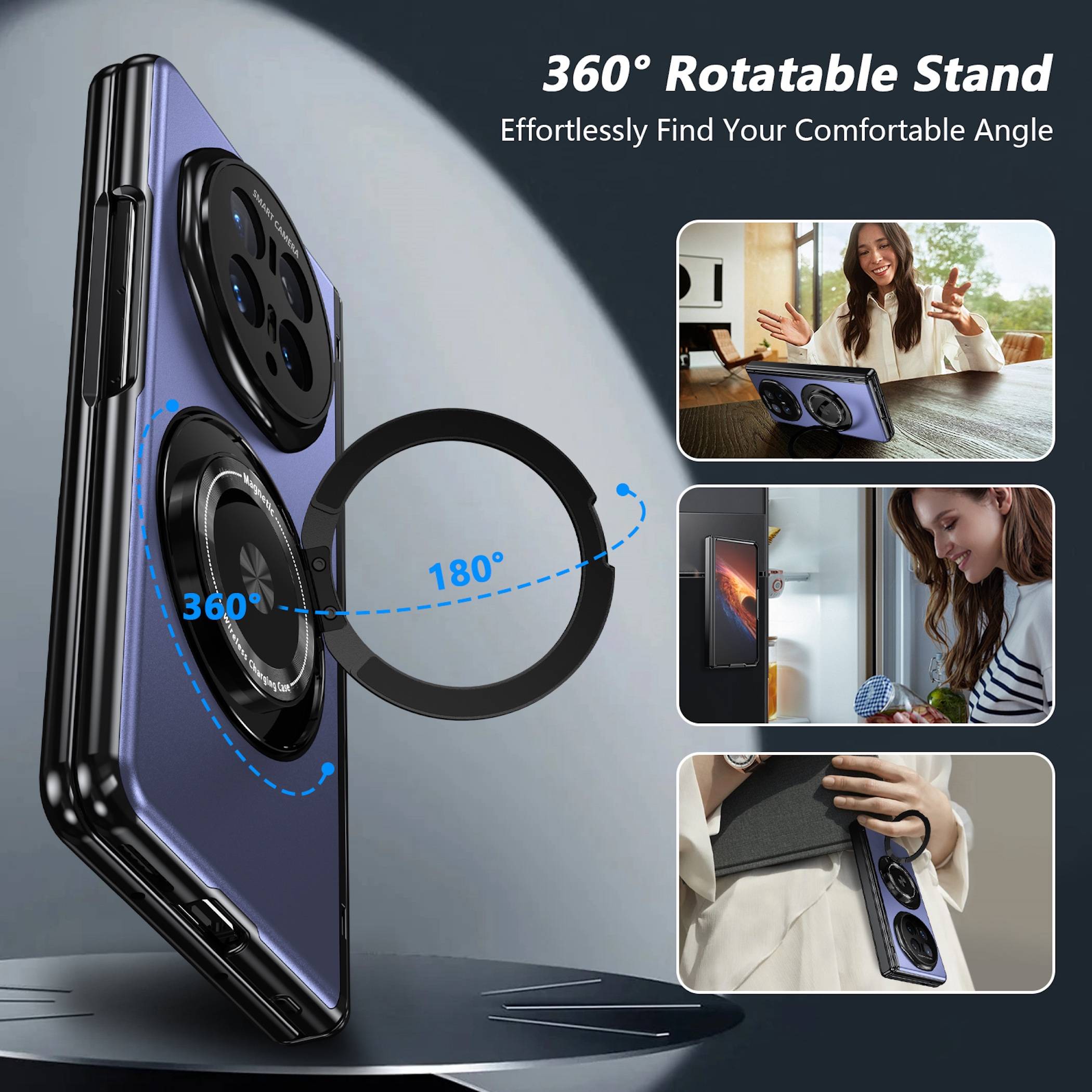 Werbebild einer Handyhülle mit 360° drehbarem Ständer, das die 180°-Verstellung und drei Verwendungsbeispiele zeigt.