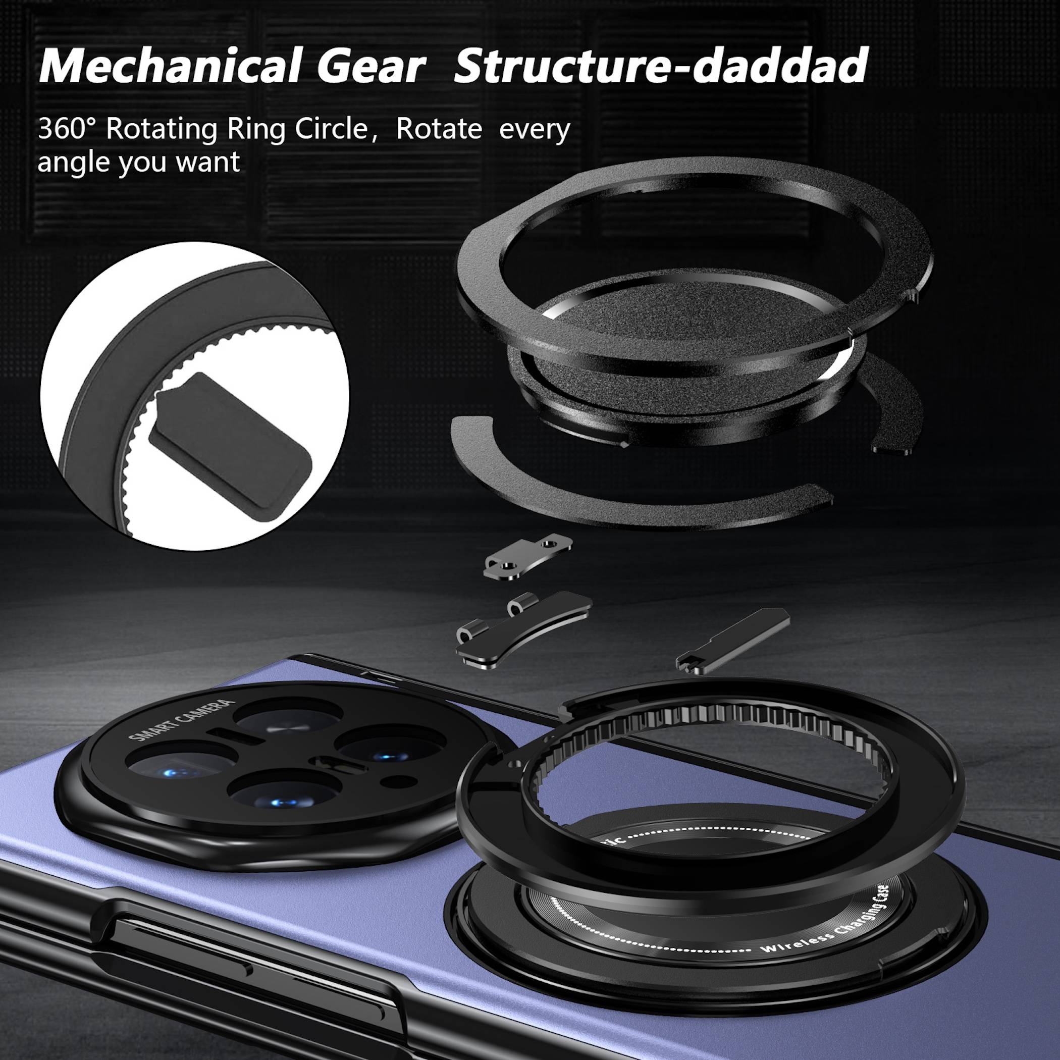 Werbliche Visualisierung eines rotierenden mechanischen Zahnrad-Objektivrings an einer Smartphone-Kamera, beschriftet mit „Mechanische Zahnradstruktur-daddad