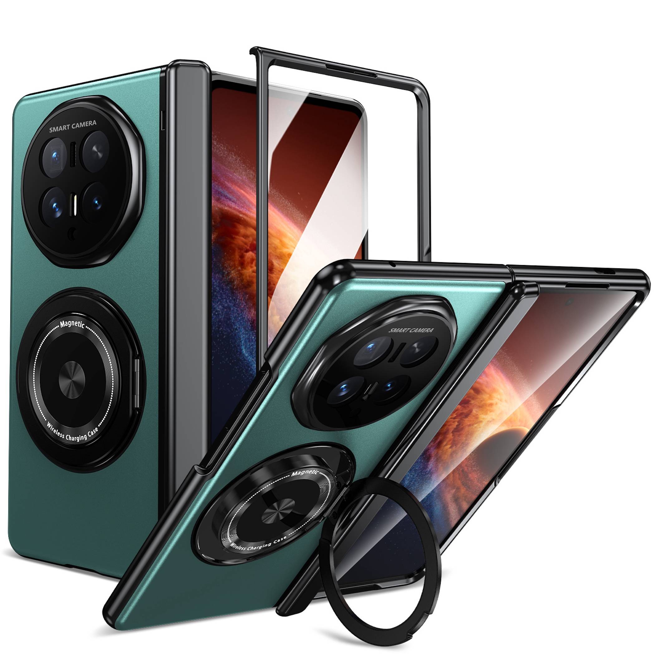 Grüne Smartphone-Schutzhüllen mit großen Kameraausschnitten und magnetischen Ladungsringen, gezeigt offen und gefaltet mit Ringständer zum freihändigen Betrachten.