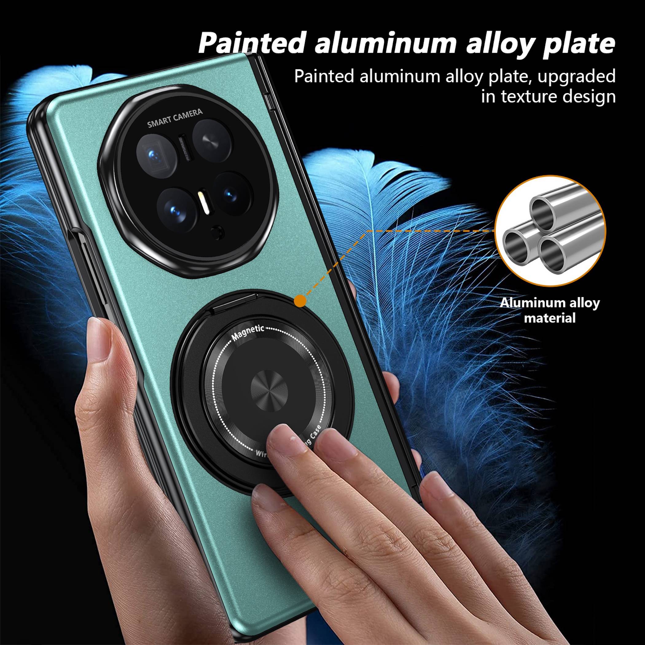 Smartphone-Hülle mit bemalter Aluminiumlegierungsplatte und Magnetring, in Hand gezeigt mit Aussparung für rückseitige Kamera und Materialbezeichnung.