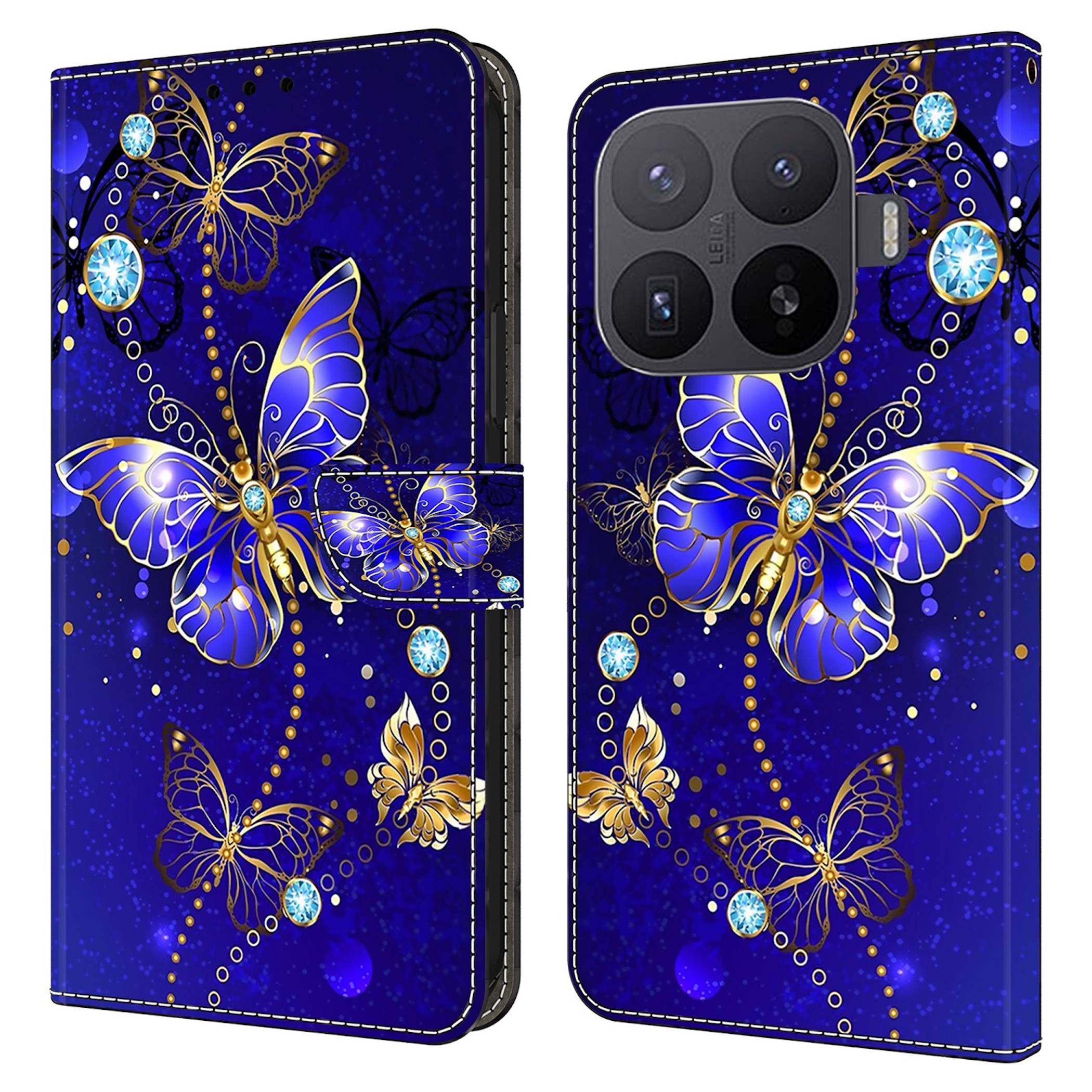 Blaue Handytasche mit goldenem und lila Schmetterling und Schmucksteinstmuster, Vorder- und Rückseite auf einem Smartphone gezeigt.