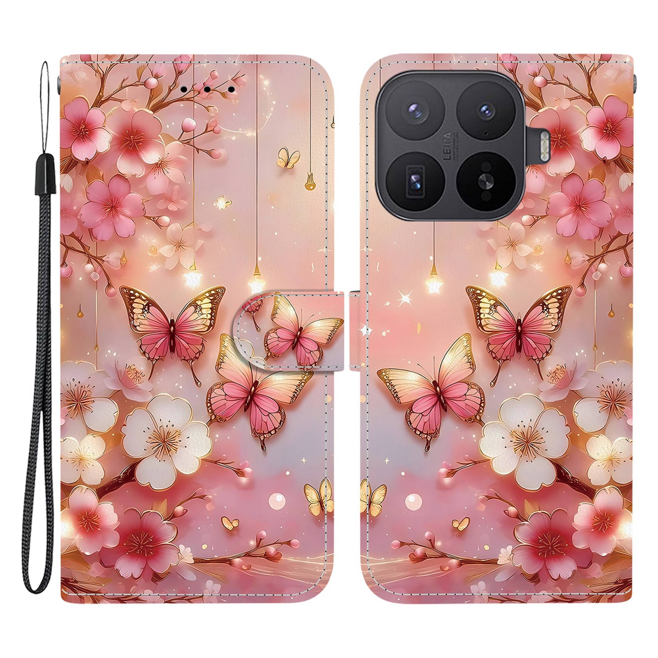 Rosa Blumenschmetterling-Handyhülle mit passendem Vorder- und Rückcover, mit Kirschblüten, Schmetterlingen und einer Handgelenkschlaufe.